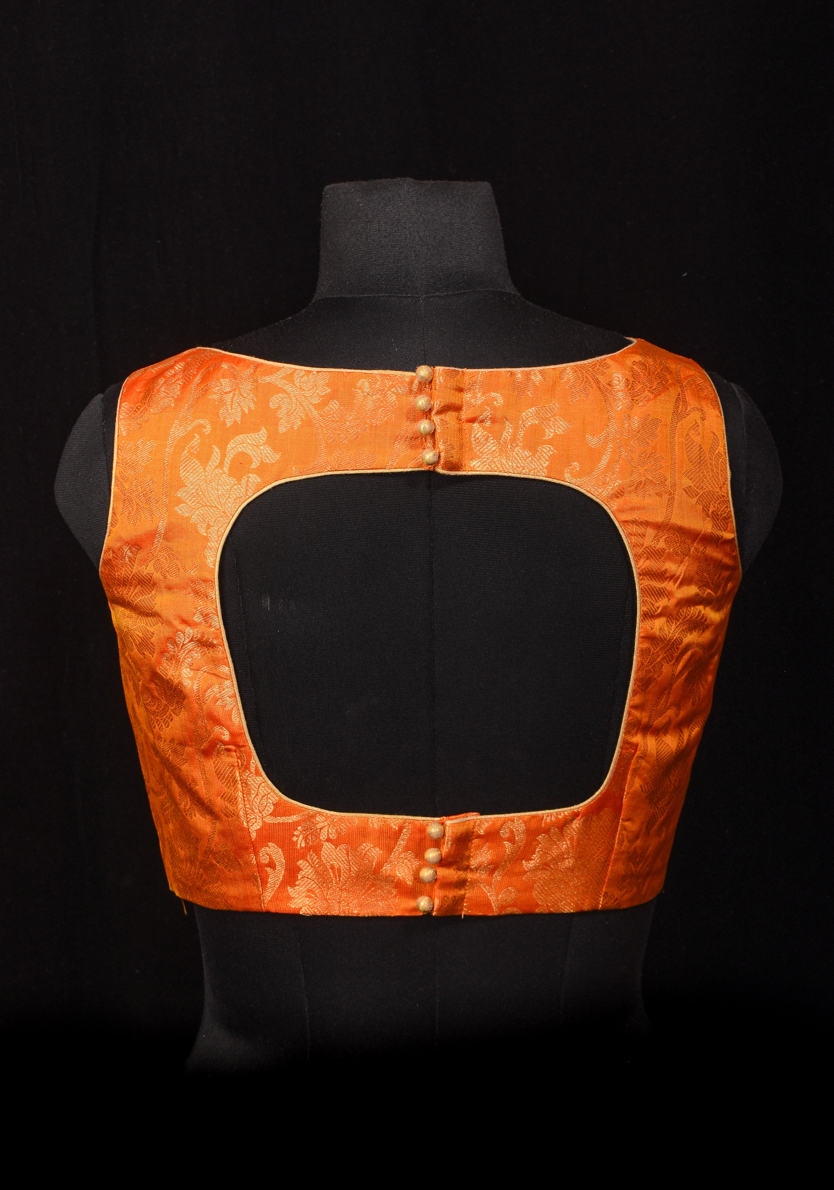 Orange Kanjivaram floral brocade sleeveless blouse, Customizable, Made to order