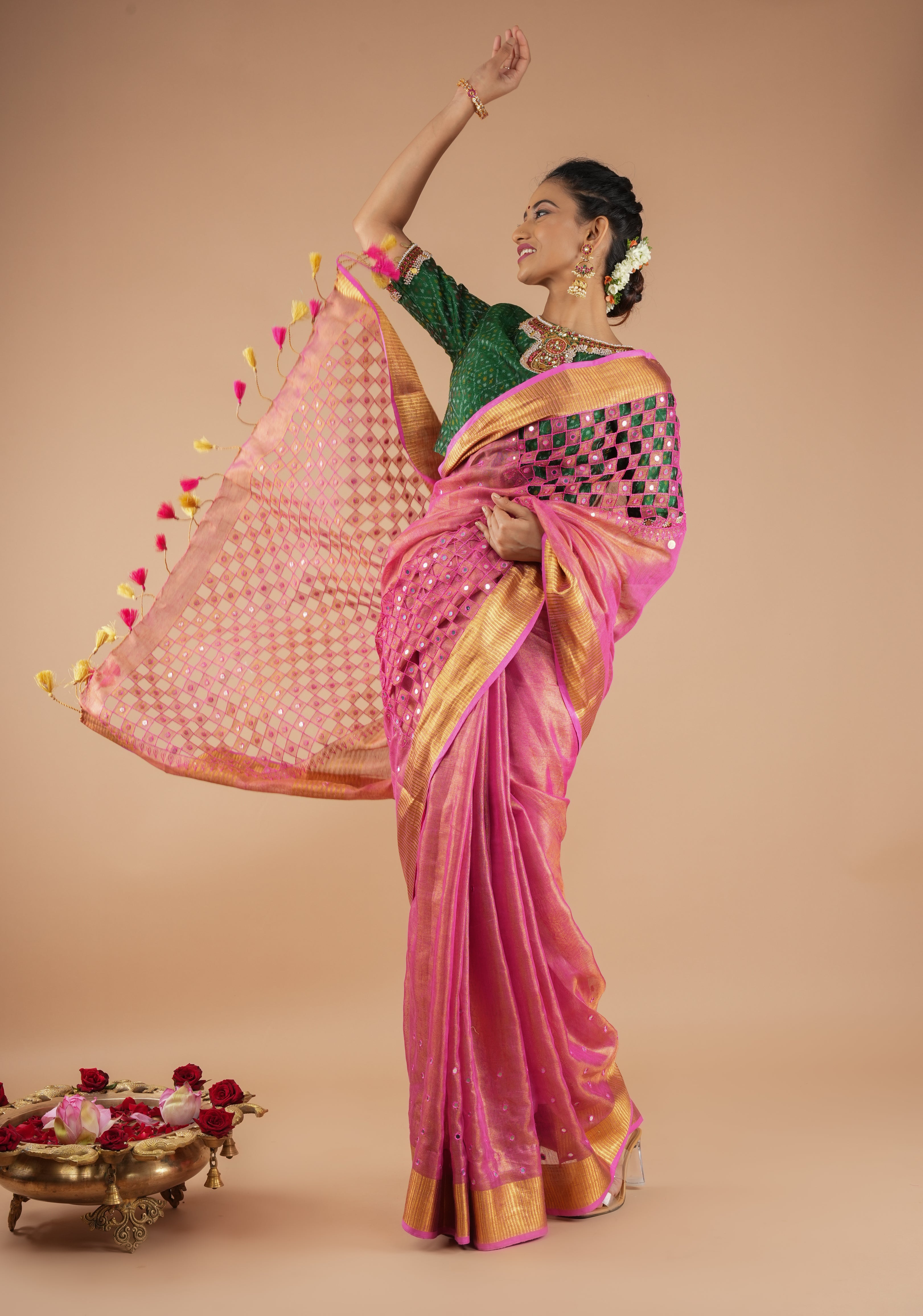 Cutwork and Mirror Work Tissue Linen Saree in Pink with pretty tassels