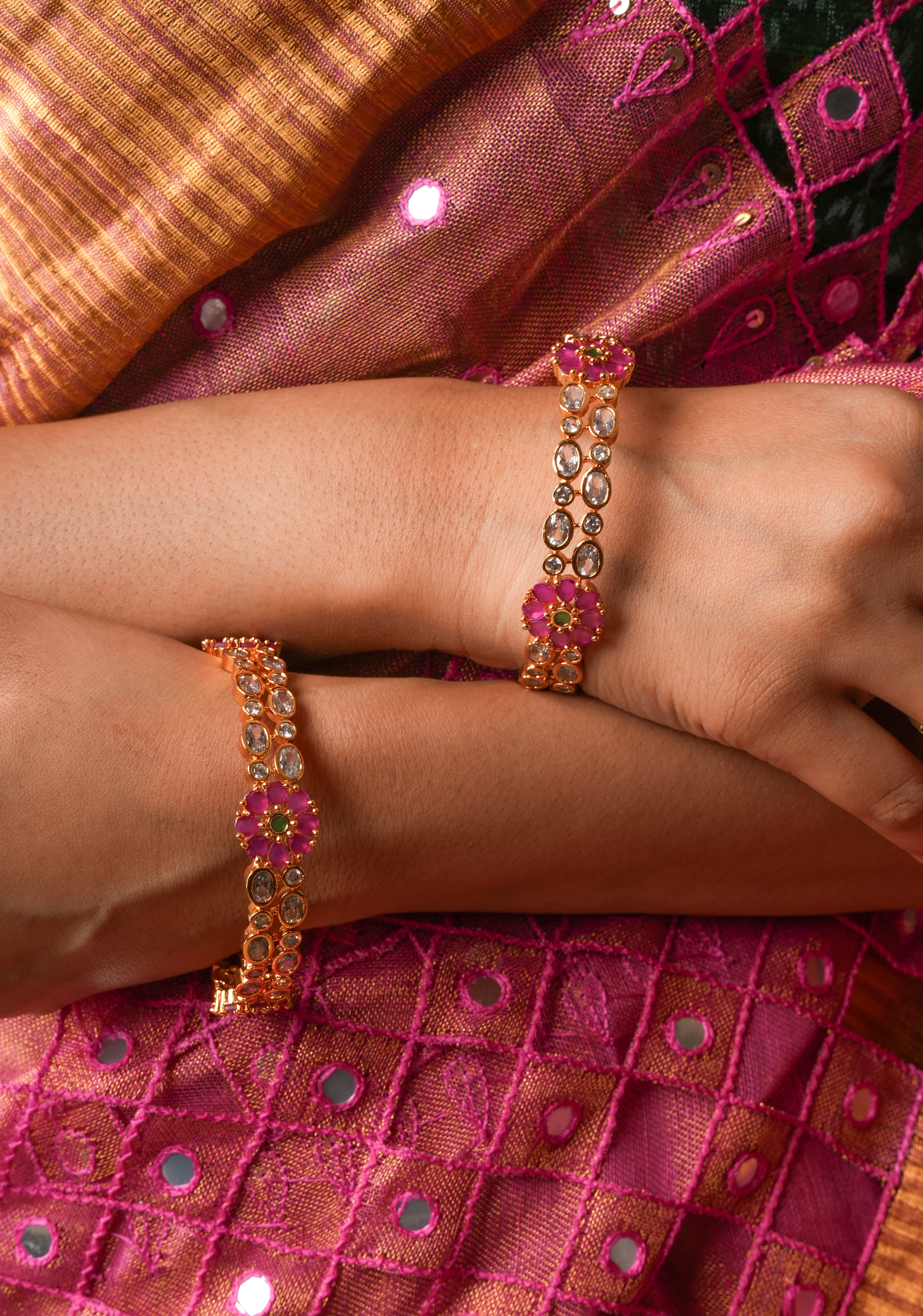 2.3 size white pink stone floral bangles - set of 2.