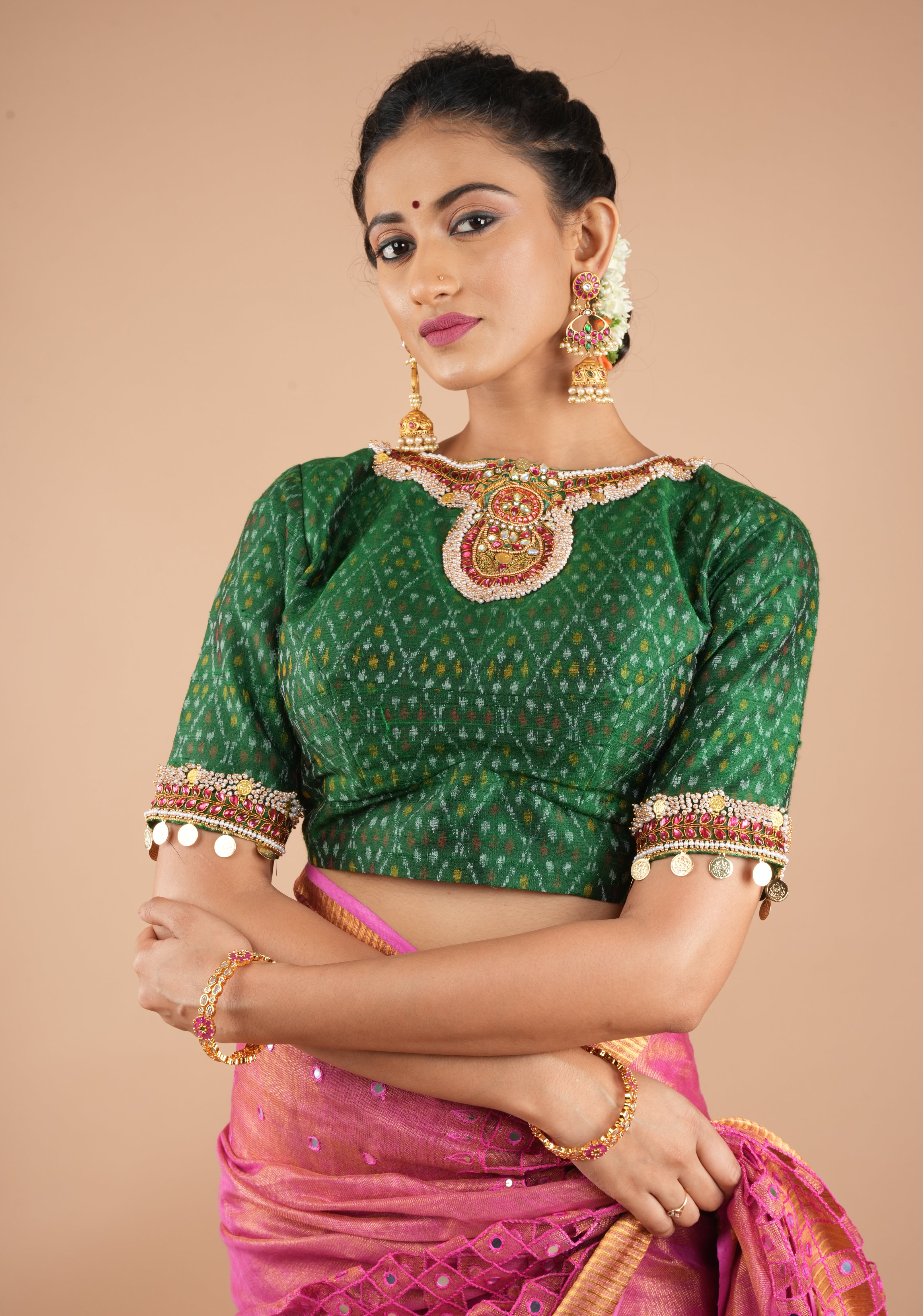 Green Ikkat Pure Raw Silk Blouse with Kemp and Moti Necklace and Bajuband design Handwork, Made to Order, Customizable