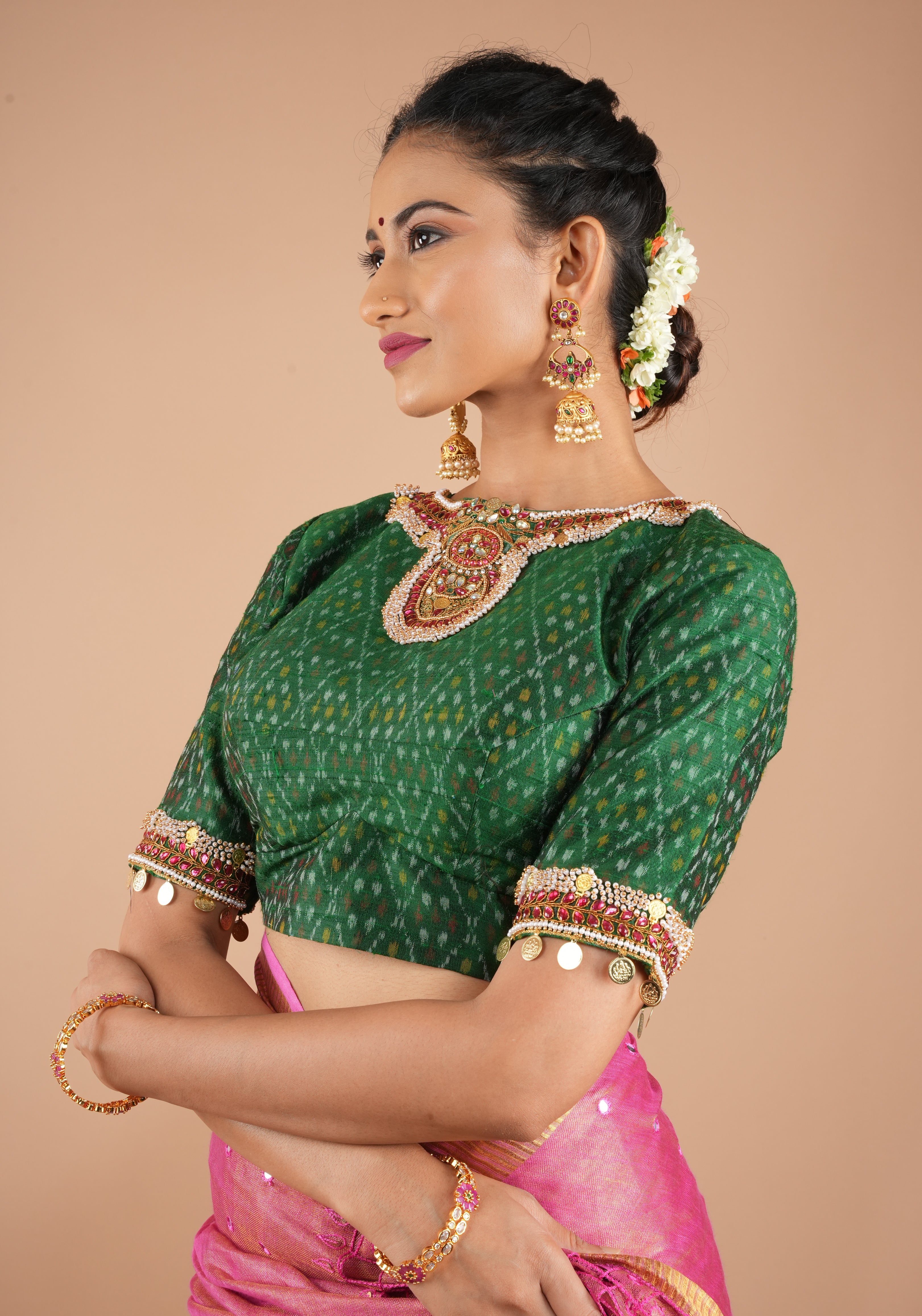 Green Ikkat Pure Raw Silk Blouse with Kemp and Moti Necklace and Bajuband design Handwork, Made to Order, Customizable