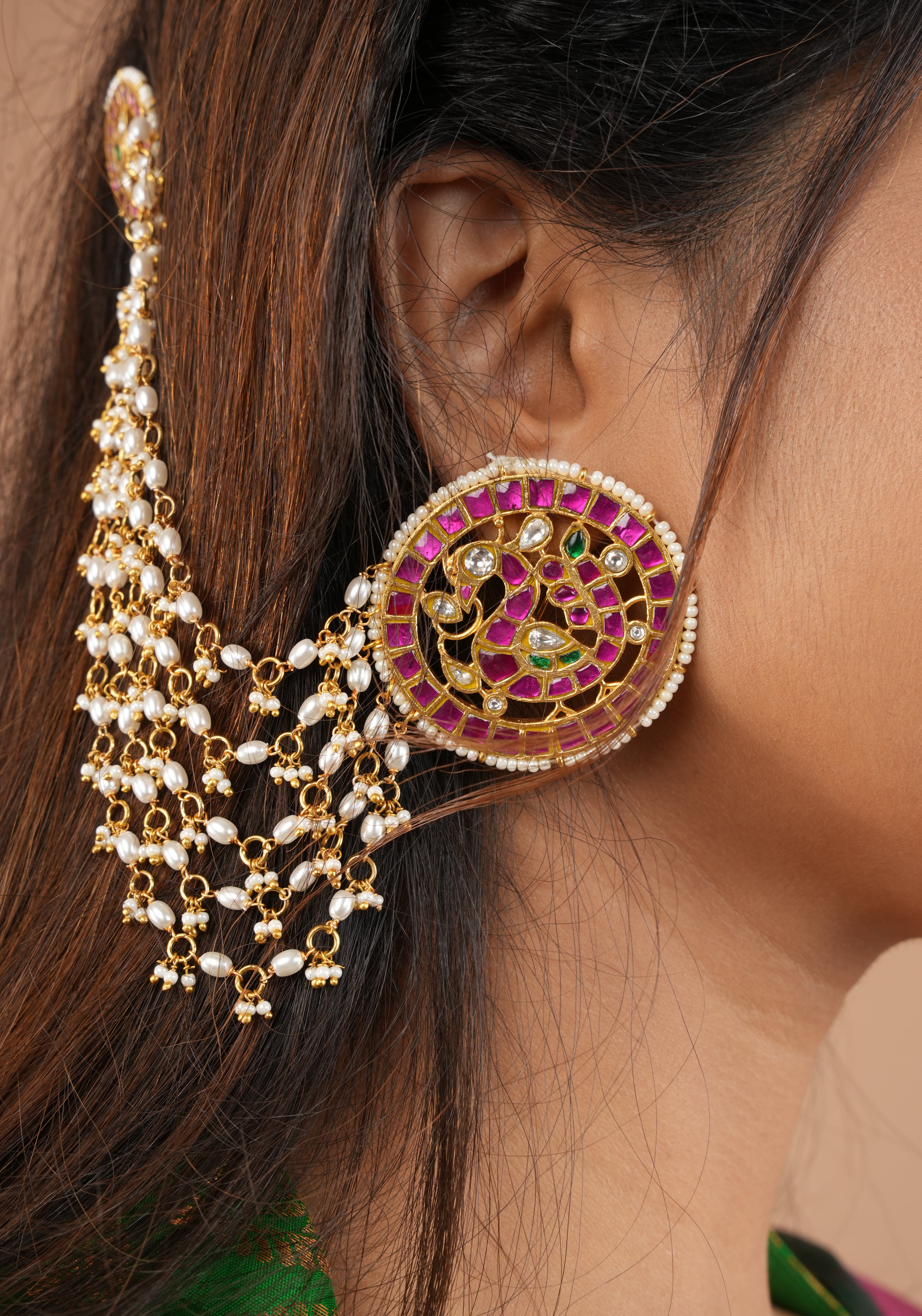 Earrings with Hair Chain extensions, exclusive Jadau piece | Shobitam Jewelry