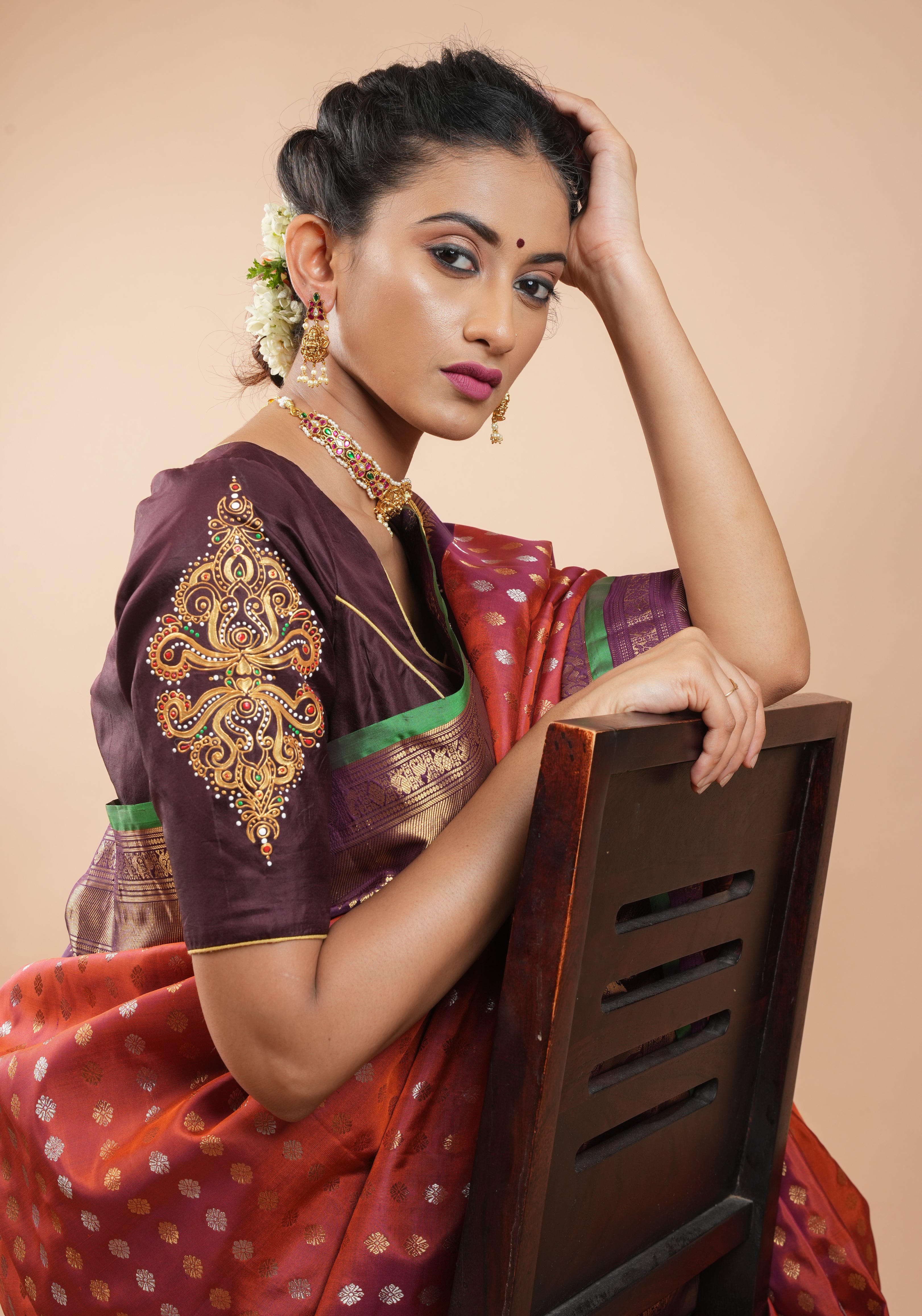 Brown Pure Silk Blouse with 3D Tanjore Art Damansk Motif on Sleeves and Arch Cutout back, Color Customization available, made to order