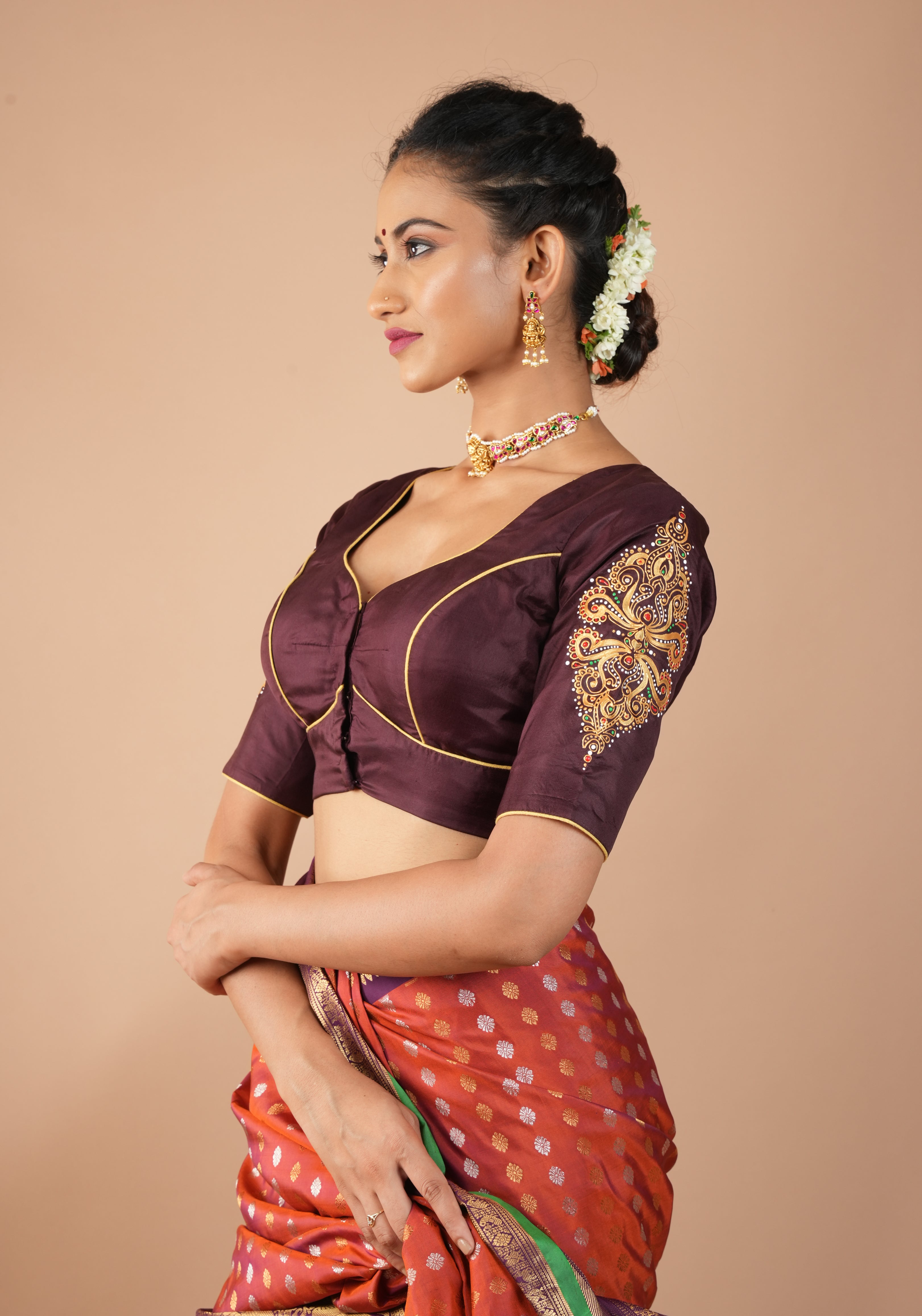 Brown Pure Silk Blouse with 3D Tanjore Art Damansk Motif on Sleeves and Arch Cutout back, Color Customization available, made to order