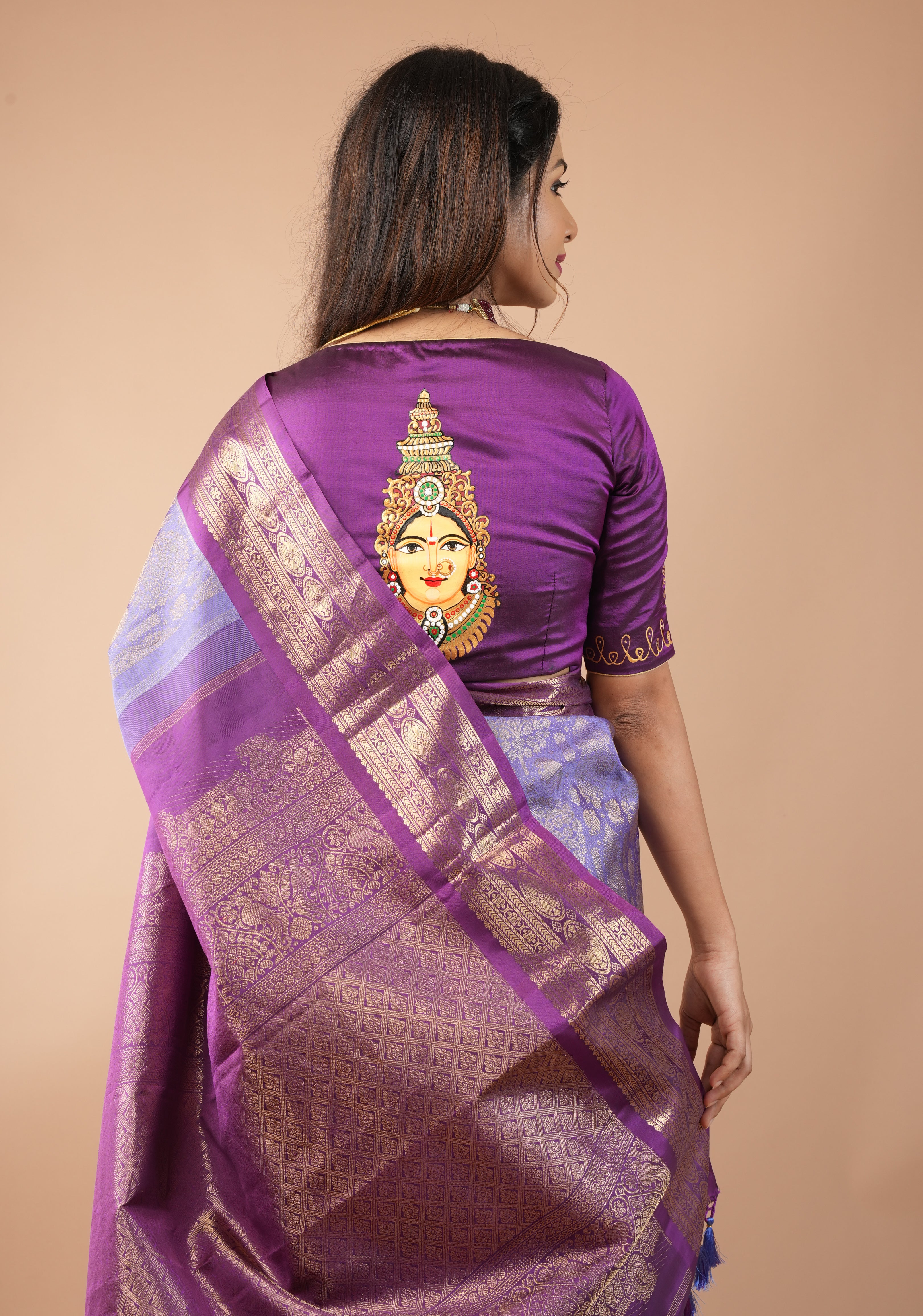 Varalakshmi Face Tanjore Handpainting on Purple Pure Silk Blouse, Made to Order, Customizable
