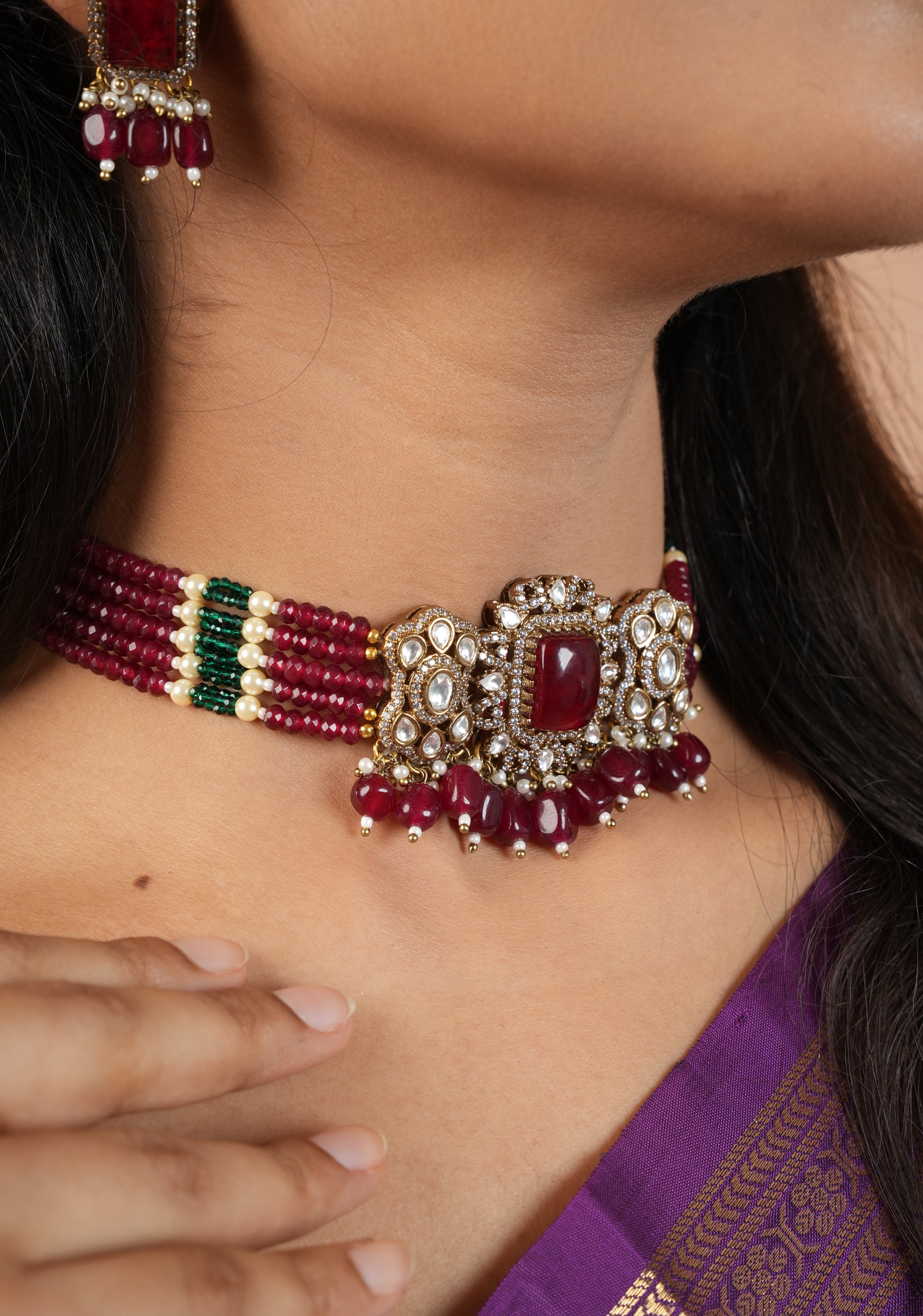 Multilayer Red Beads kundan Choker set with dangling Red Beads| Shobitam Jewelry