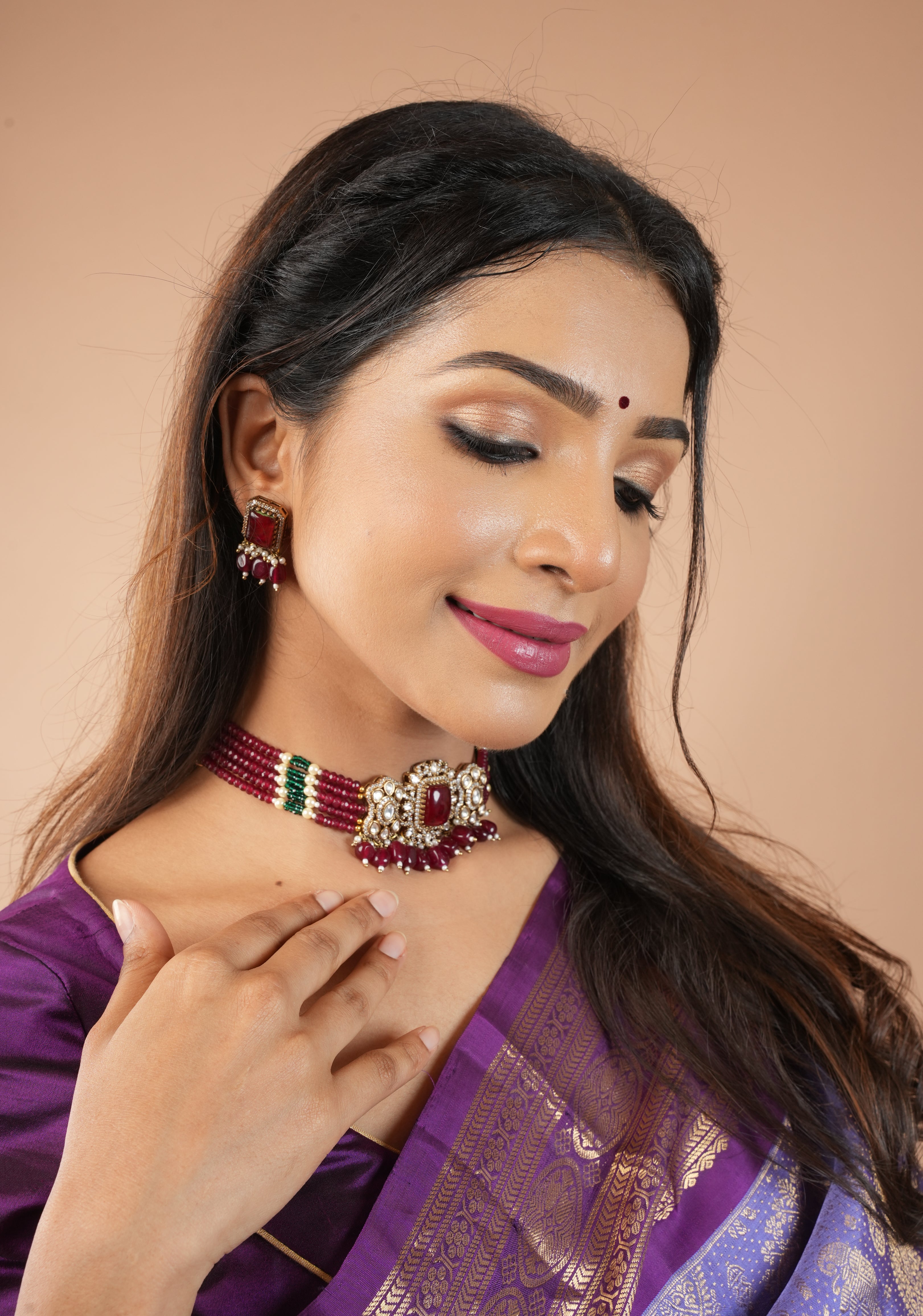 Multilayer Red Beads kundan Choker set with dangling Red Beads| Shobitam Jewelry