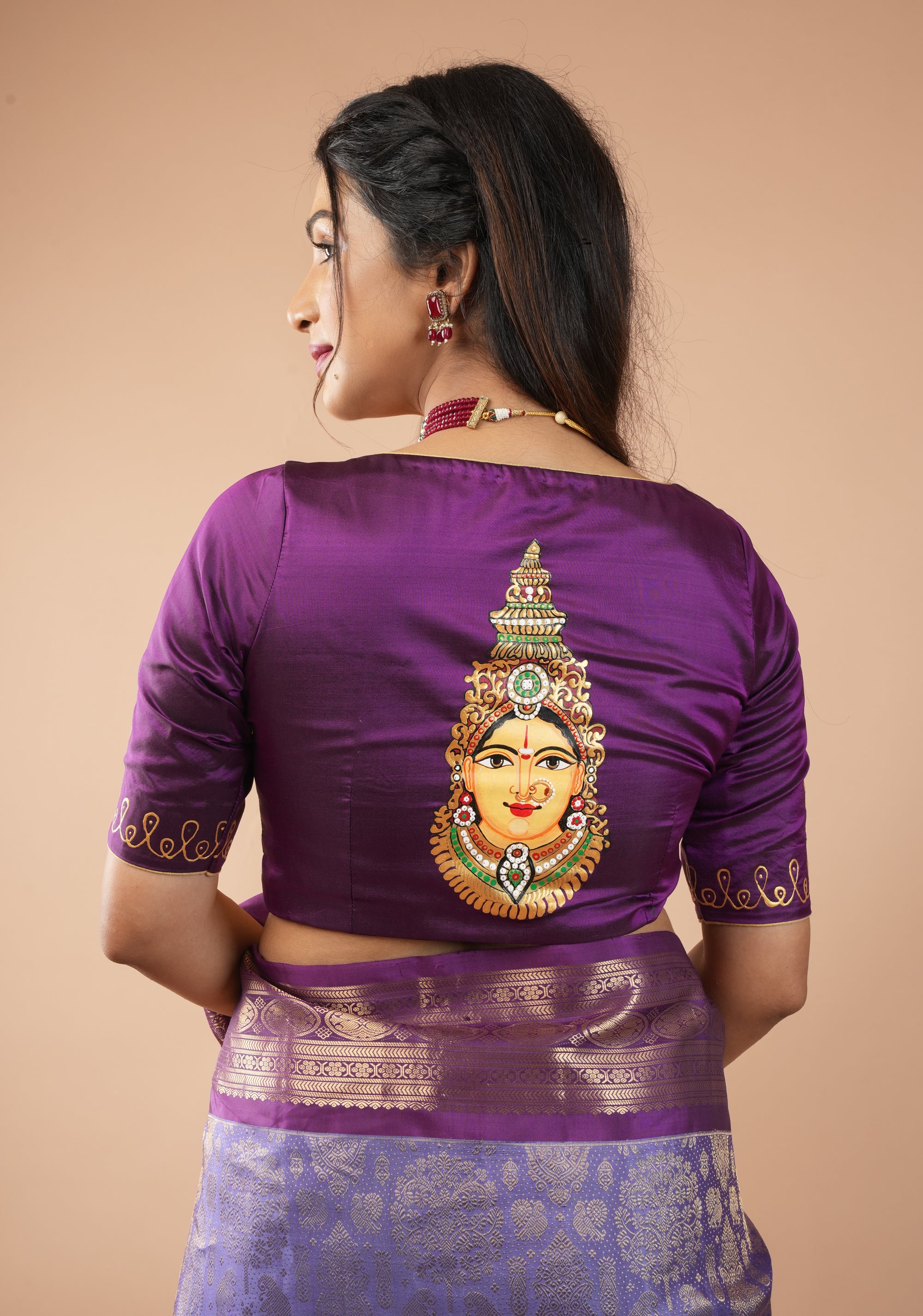 Varalakshmi Face Tanjore Handpainting on Purple Pure Silk Blouse, Made