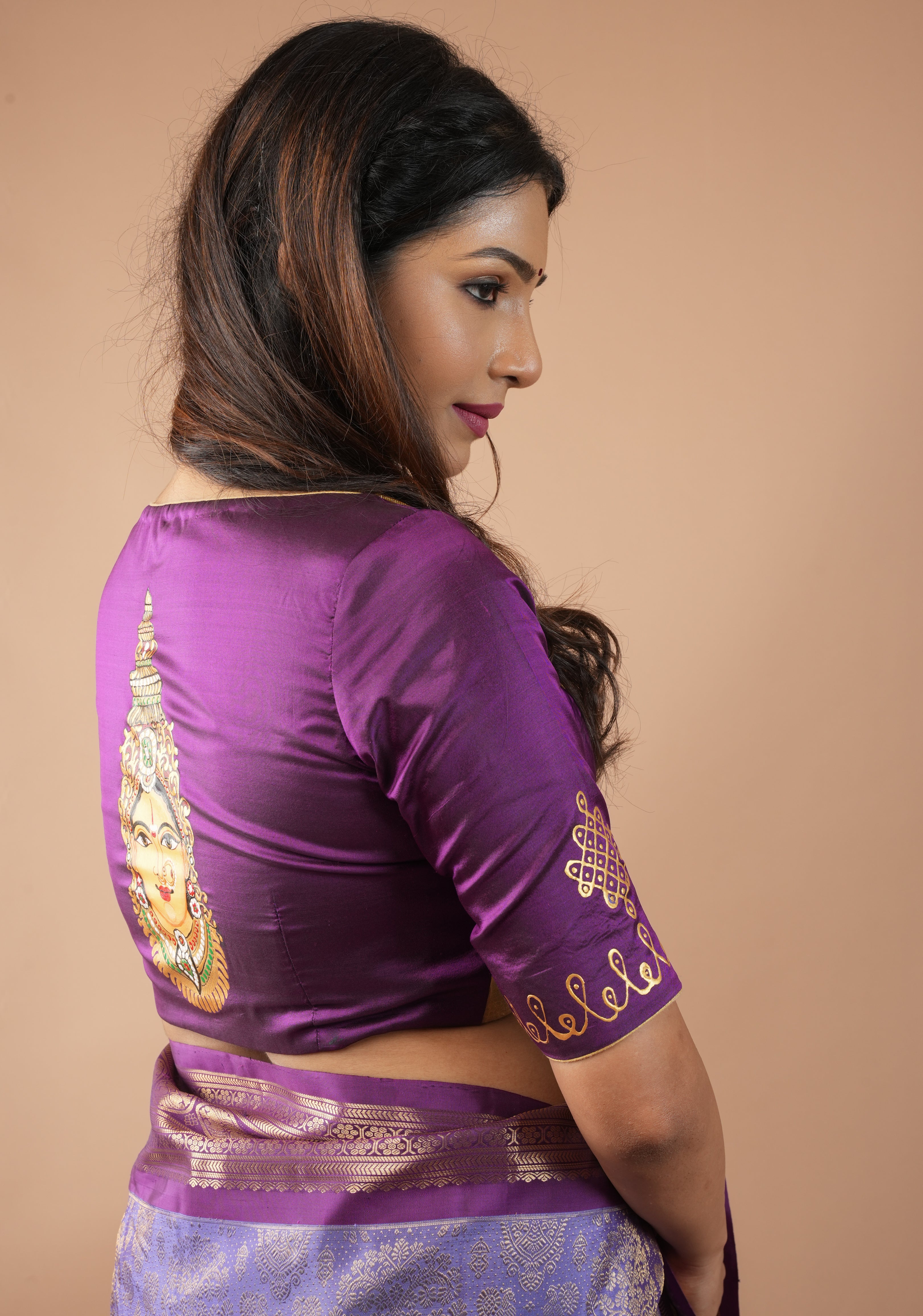 Varalakshmi Face Tanjore Handpainting on Purple Pure Silk Blouse, Made to Order, Customizable