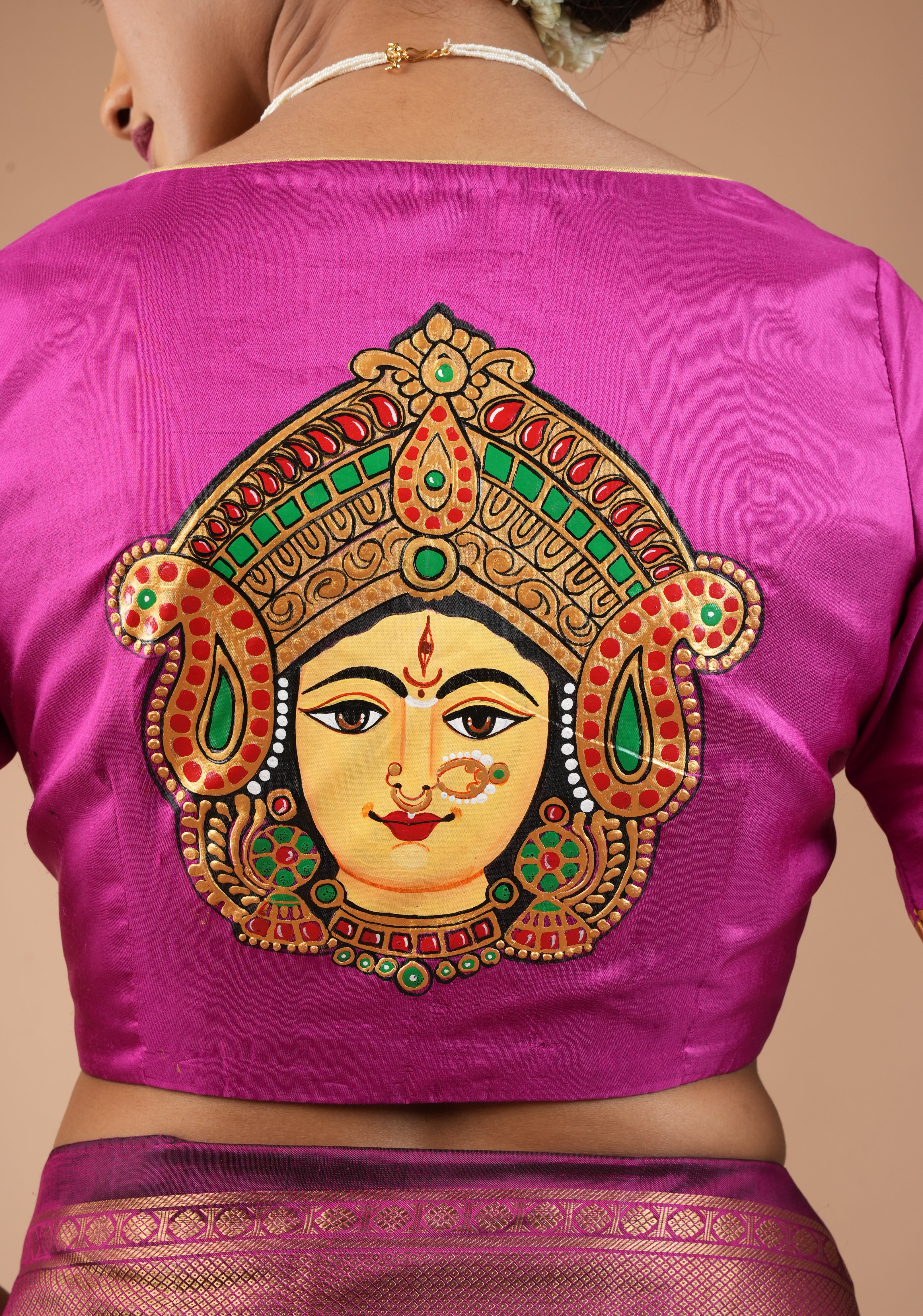 Magnificent Durga Face Tanjore Style Painting on Fuchsia Pure Silk Blouse, Customizable, Made to Order