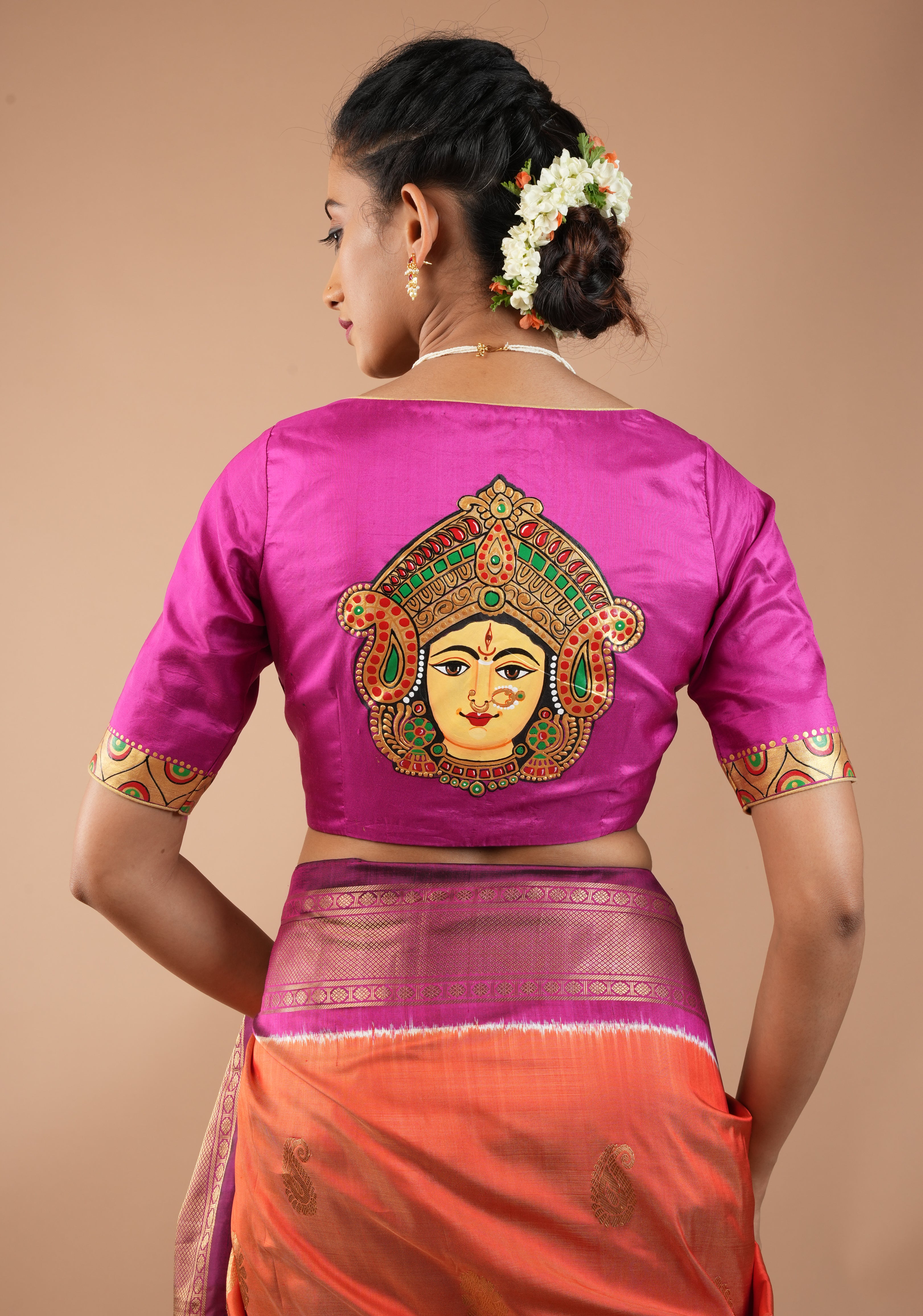 Magnificent Durga Face Tanjore Style Painting on Fuchsia Pure Silk Blouse, Customizable, Made to Order