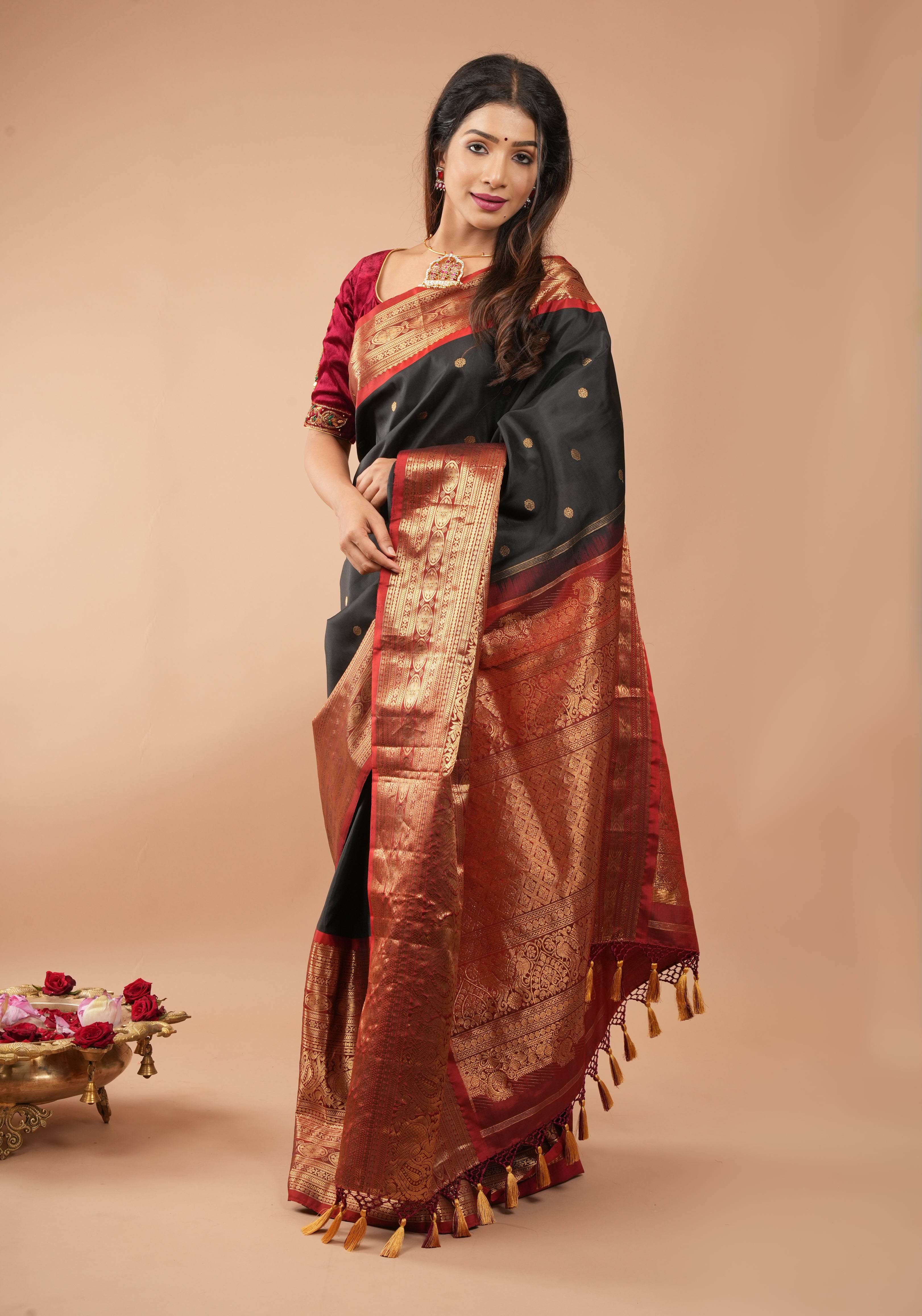 Pure Gadwal Silk Saree in Black color with extravagant 16" wide zari Border | SILK MARK CERTIFIED