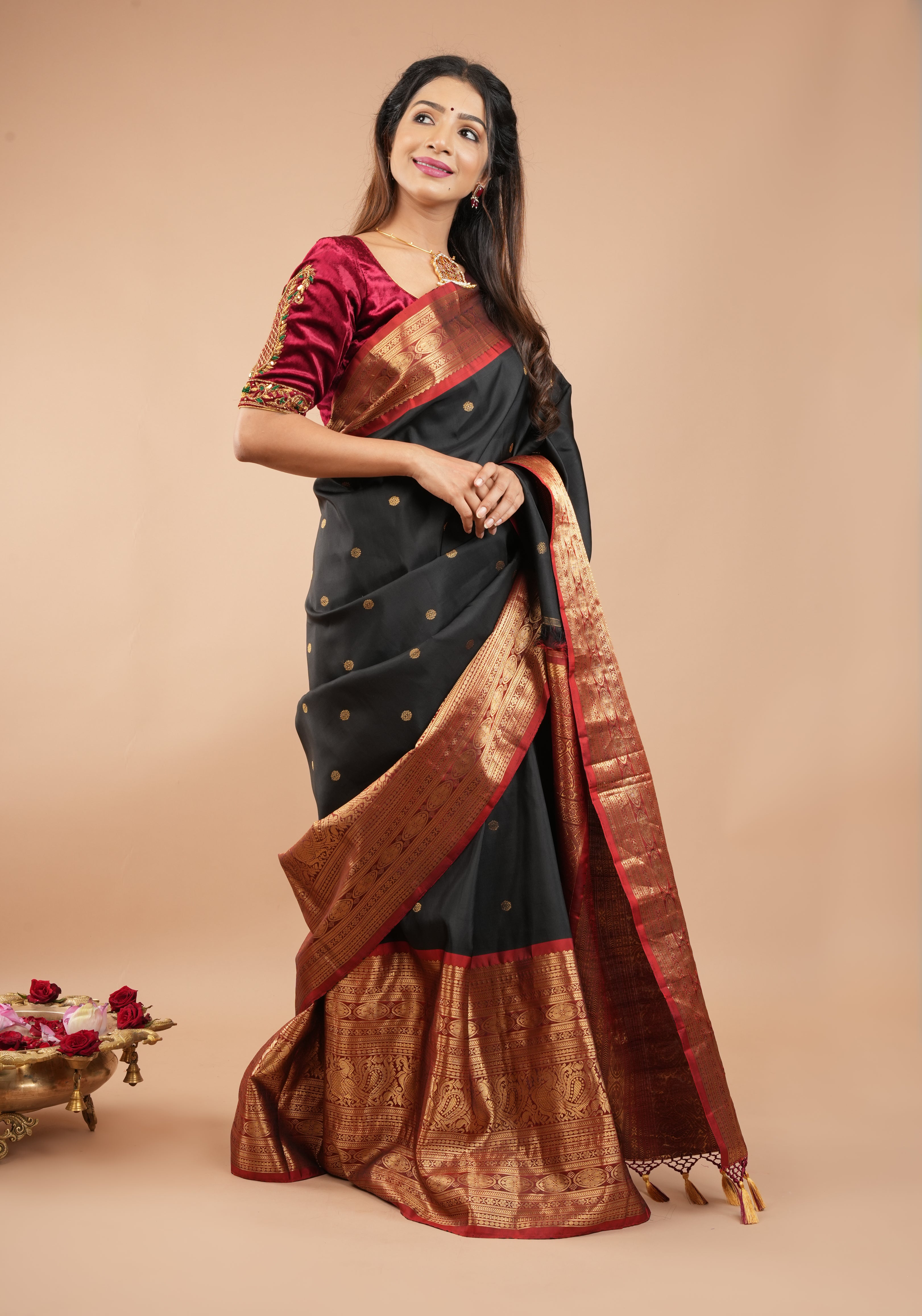 Pure Gadwal Silk Saree in Black color with extravagant 16" wide zari Border | SILK MARK CERTIFIED