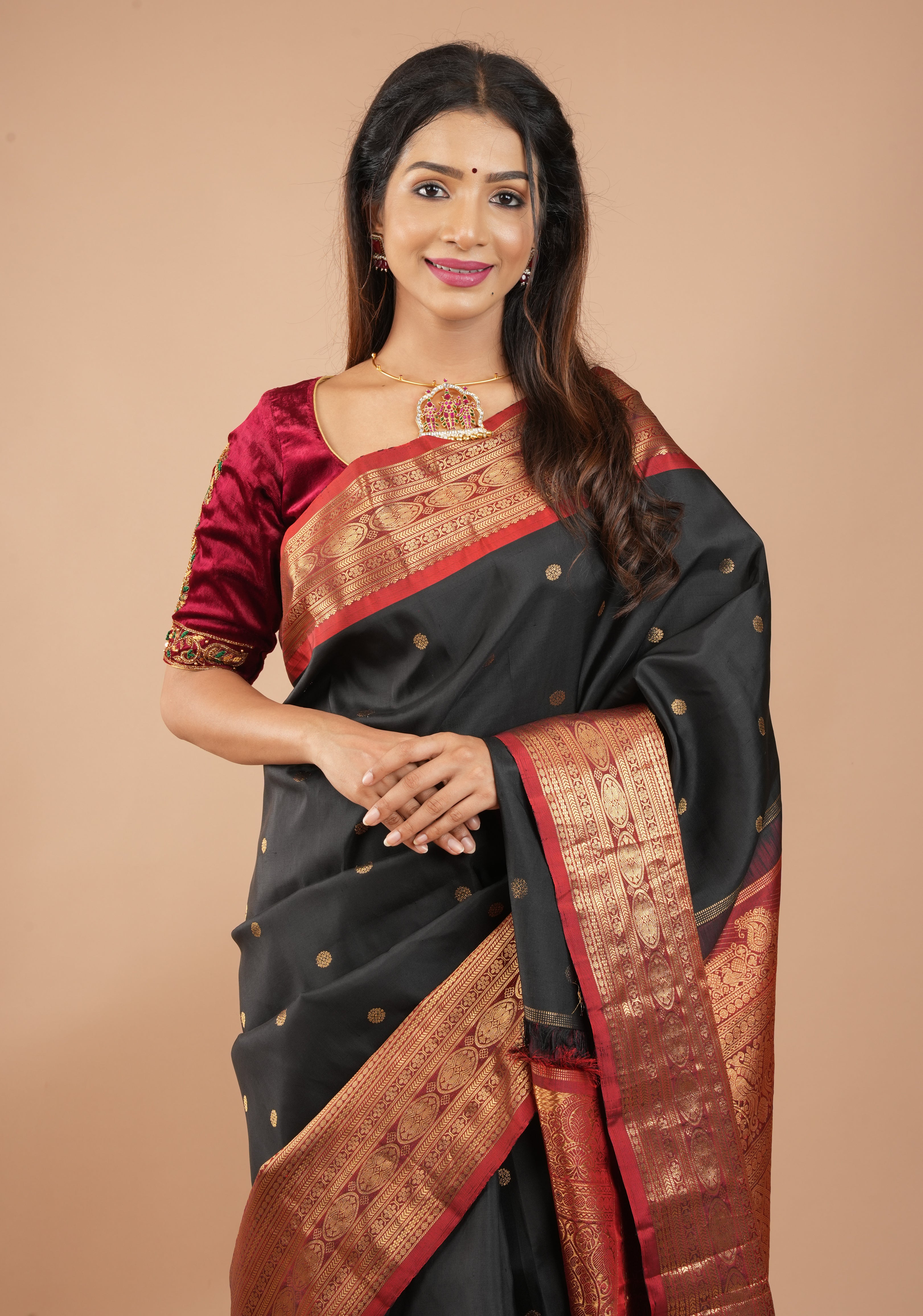 Pure Gadwal Silk Saree in Black color with extravagant 16" wide zari Border | SILK MARK CERTIFIED