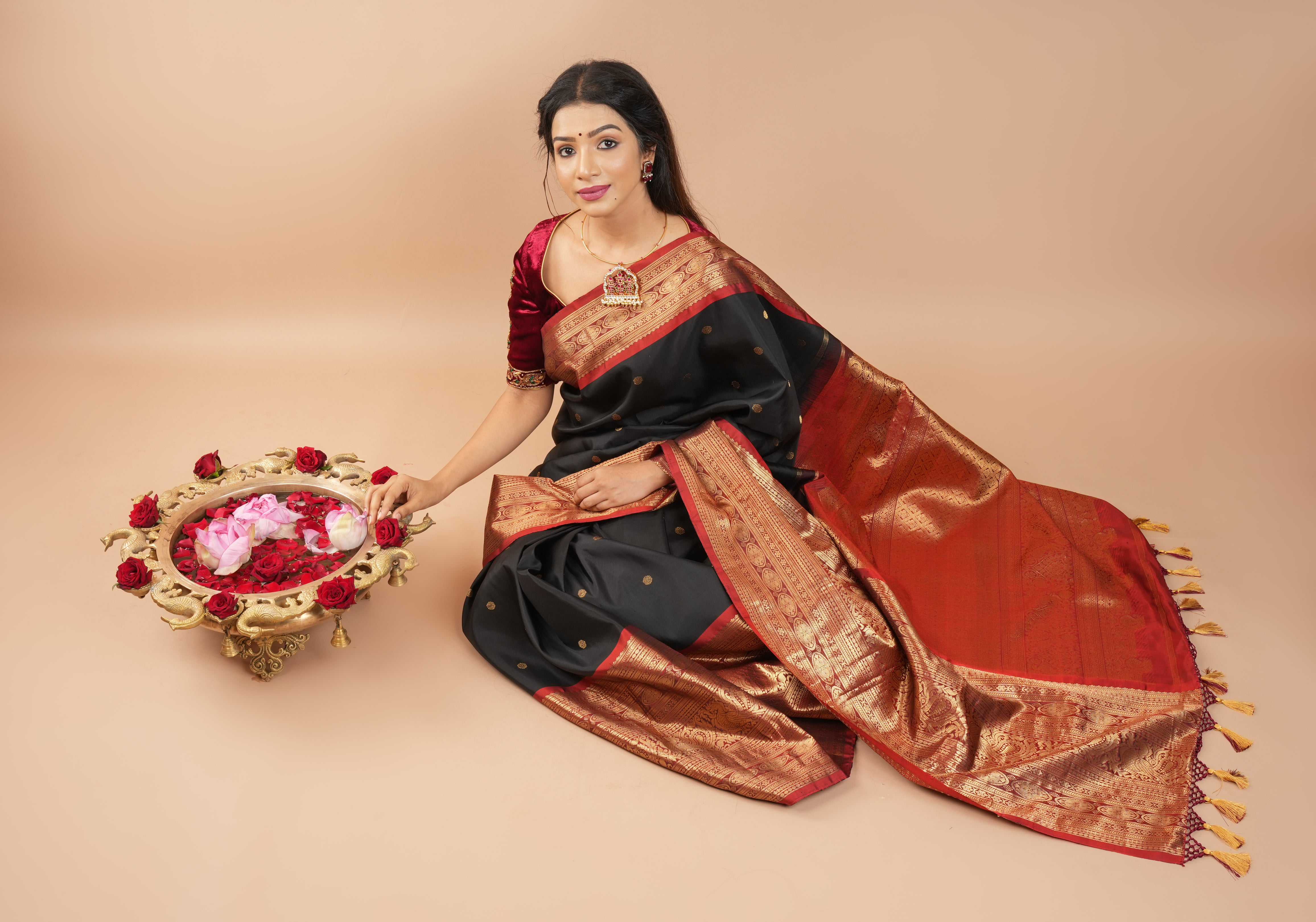 Pure Gadwal Silk Saree in Black color with extravagant 16" wide zari Border | SILK MARK CERTIFIED