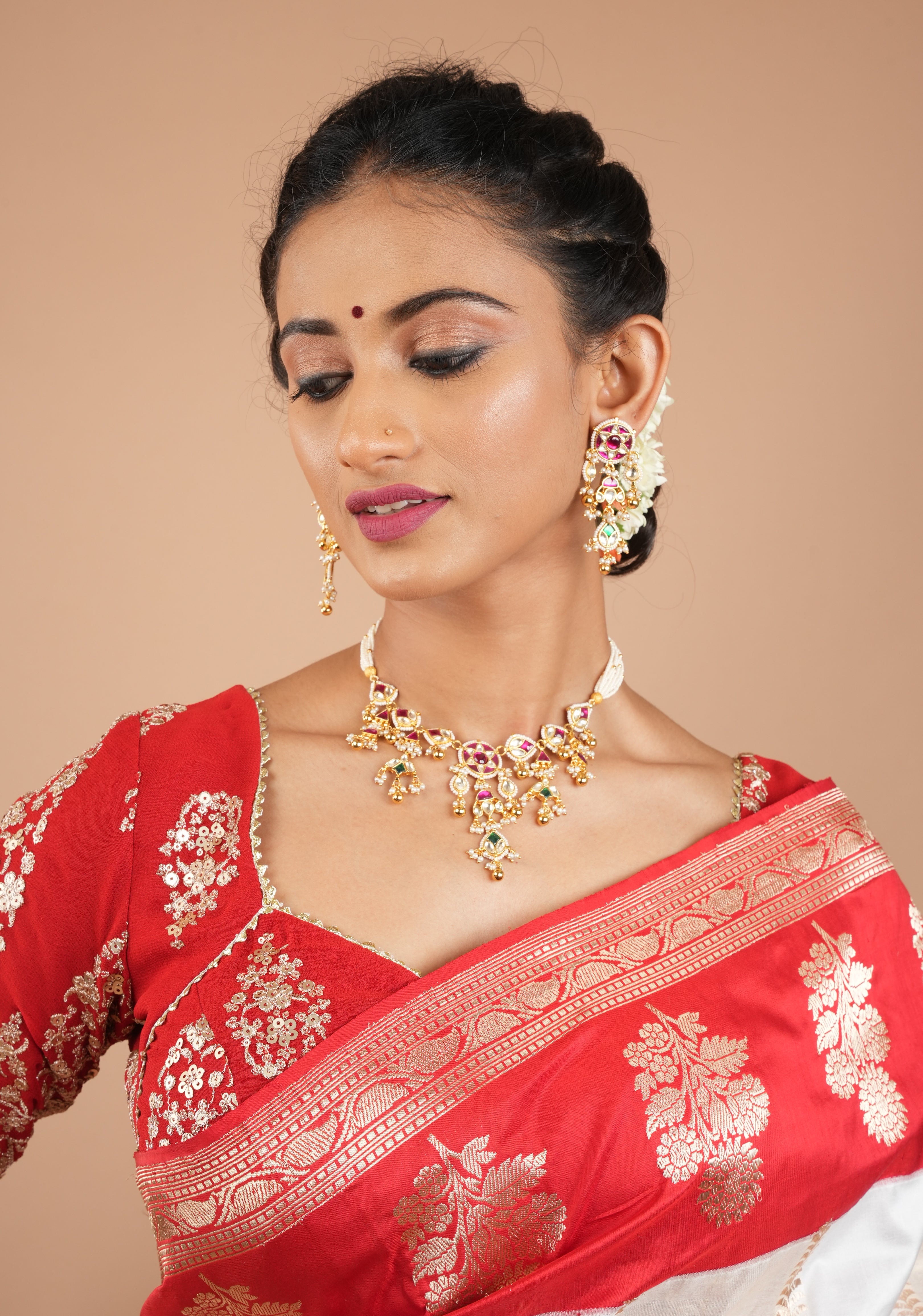 Handcrafted Jadau Kundan Short Necklace/Choker and Earrings Set