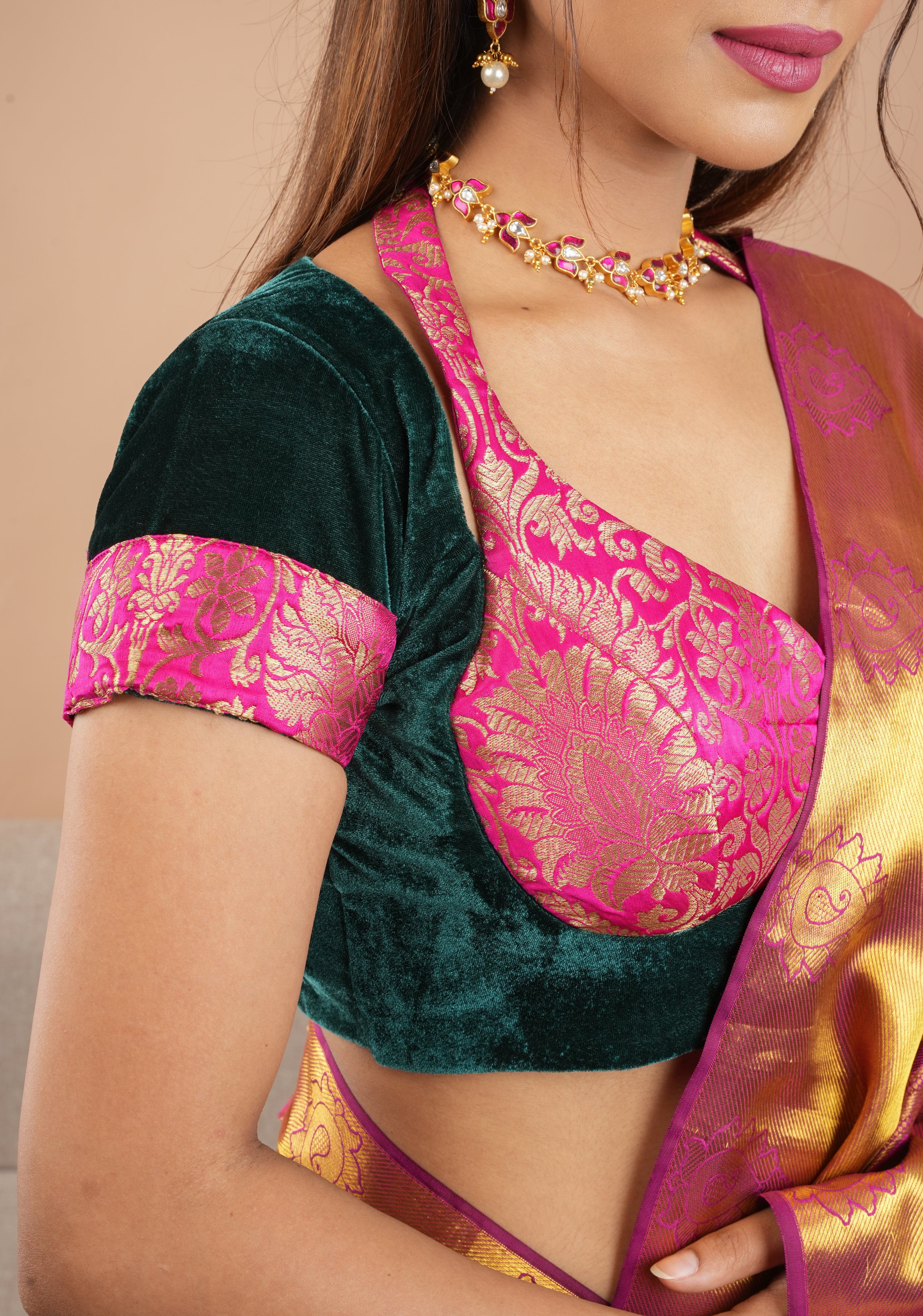 Green Pink Halter and Bustier Layered Look Blouse in Velvet and Banarasi Brocade, Customizable, Made to Order