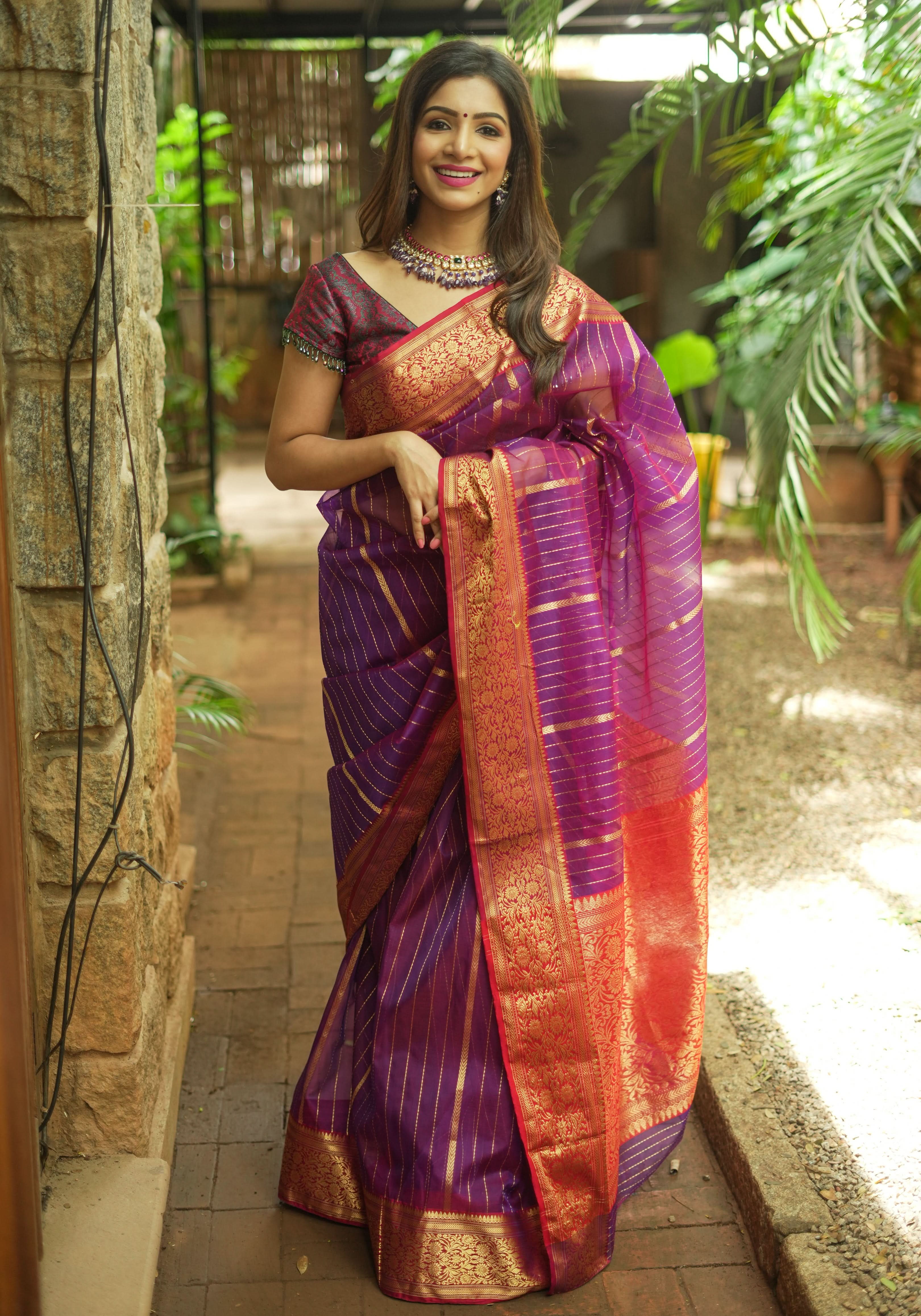 Stunning Striped Chanderi Silk Saree in Purple Maroon Dual Tone with Contrast Red Border and Zari