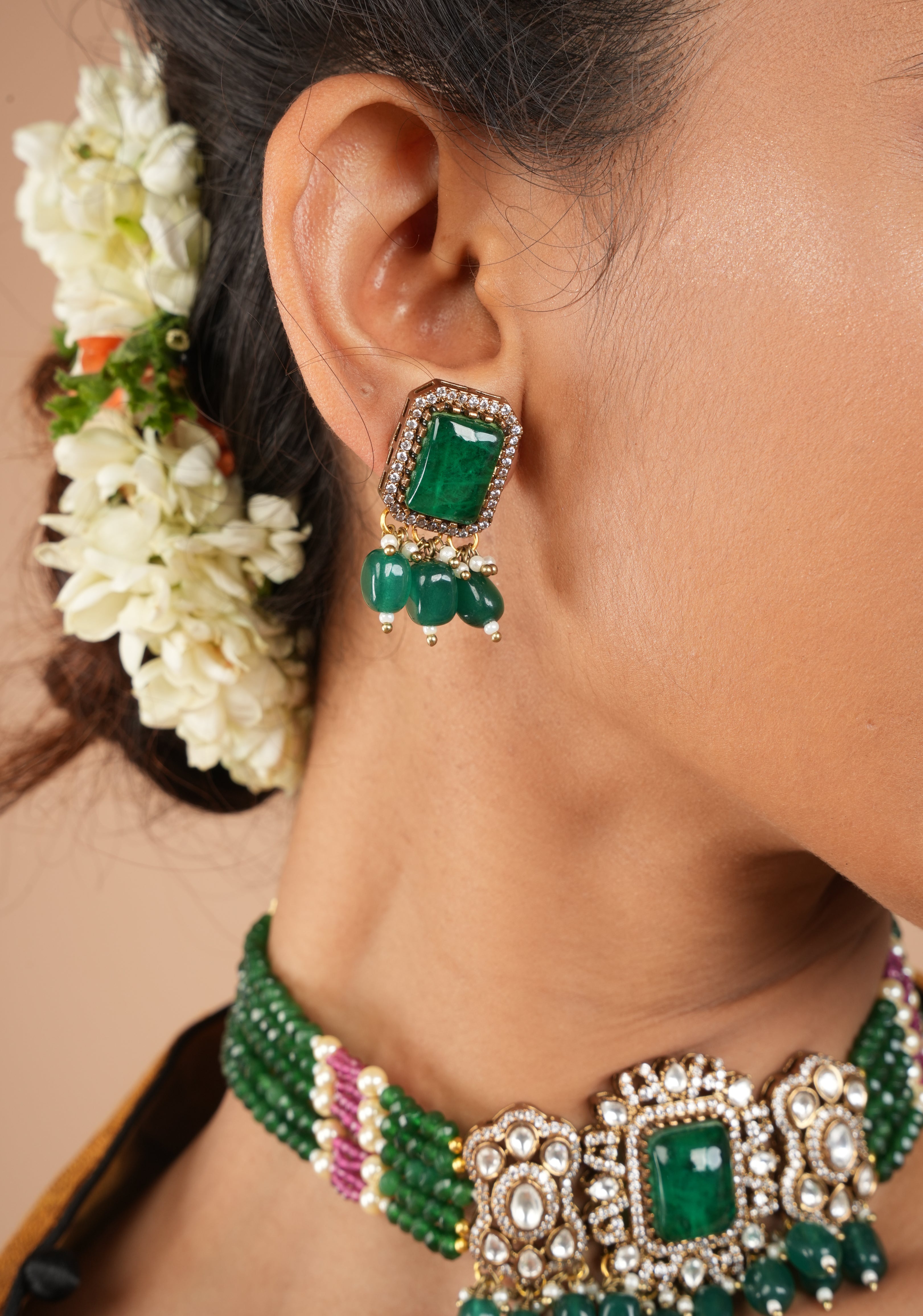 Multilayer Emerald Green Beads kundan Choker set with dangling Green Beads| Shobitam Jewelry