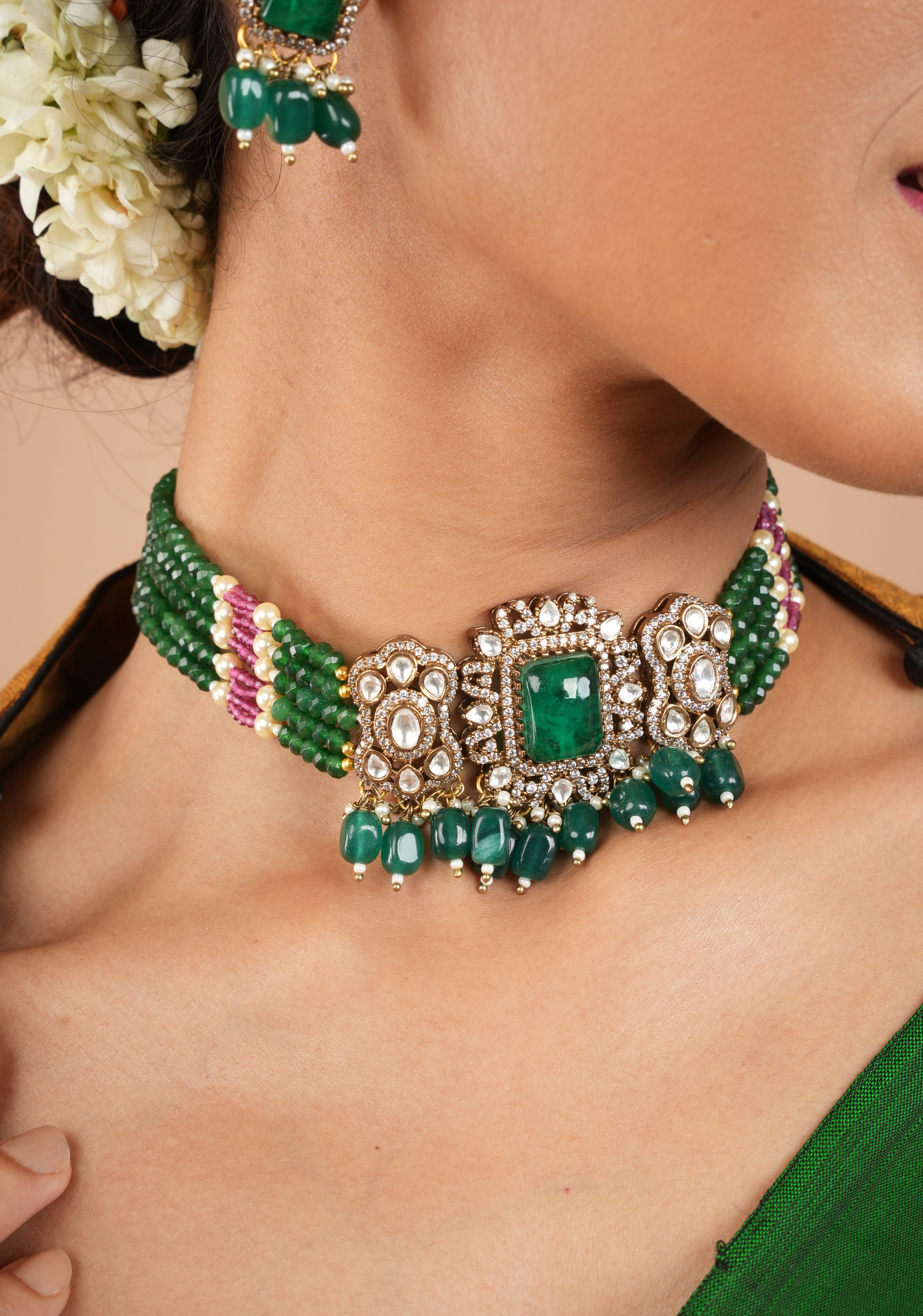 Multilayer Emerald Green Beads kundan Choker set with dangling Green Beads| Shobitam Jewelry