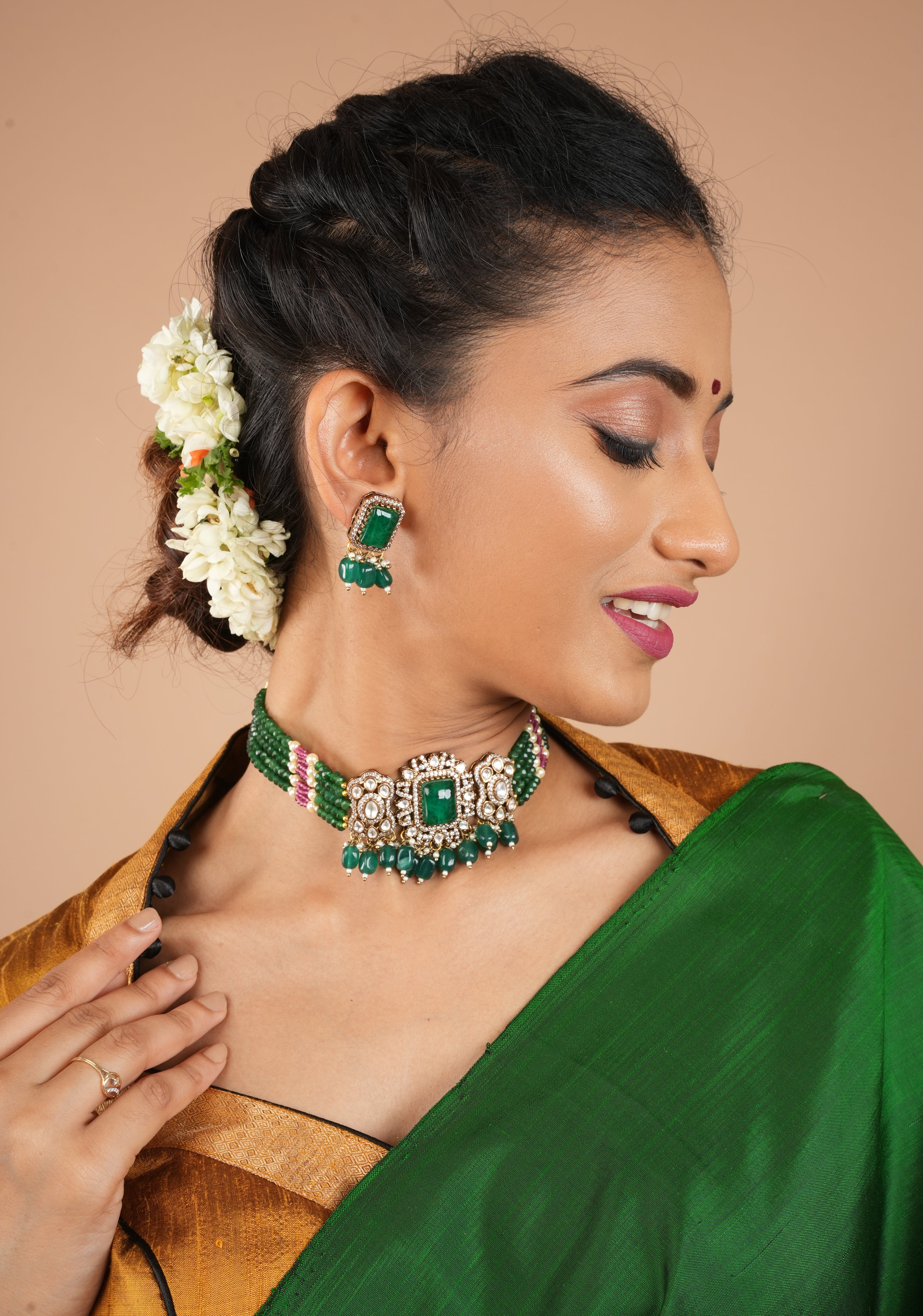 Multilayer Emerald Green Beads kundan Choker set with dangling Green Beads| Shobitam Jewelry