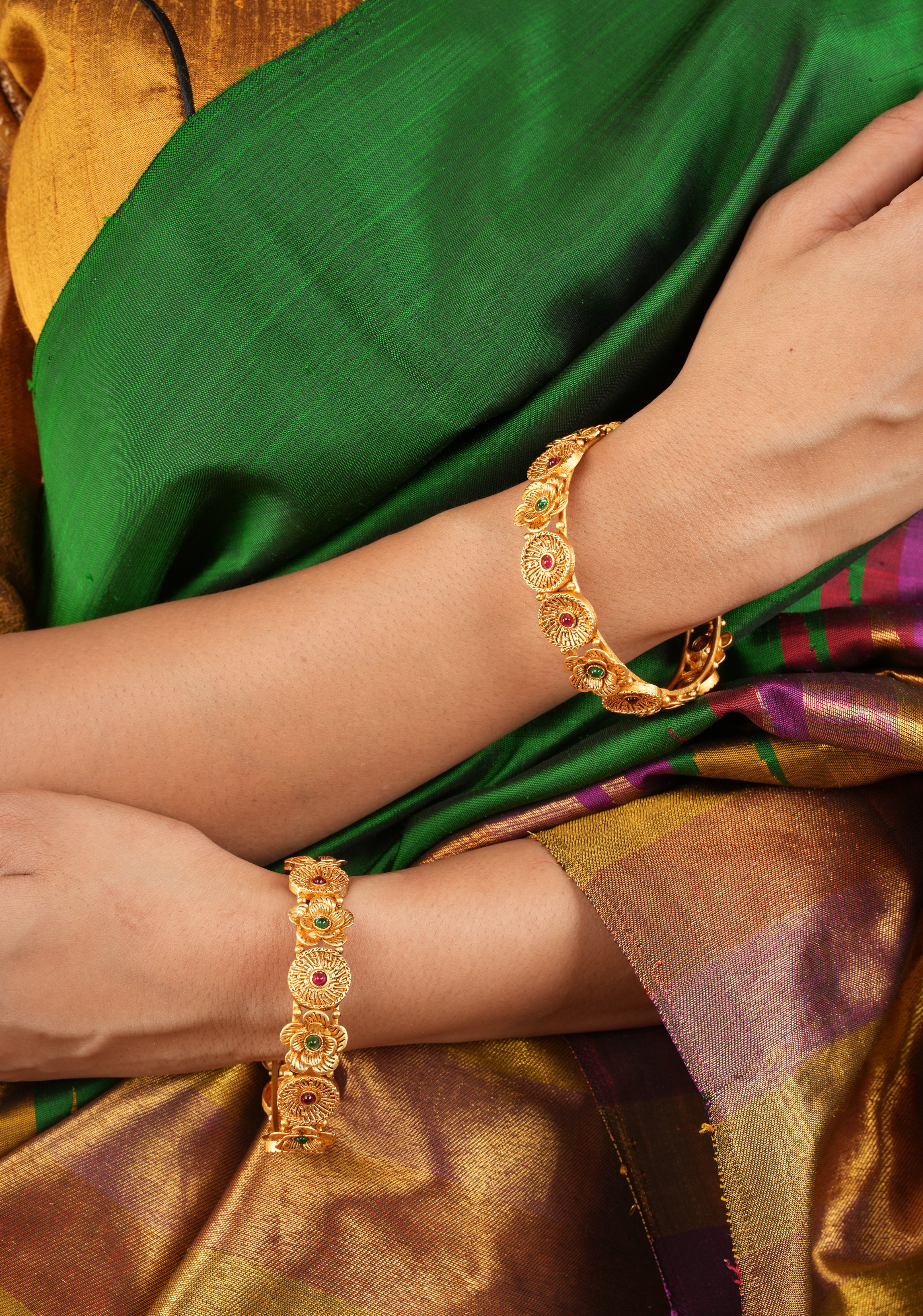 Bangles -  Antique Gold Floral Design red and green stone Bangles - 1 pair