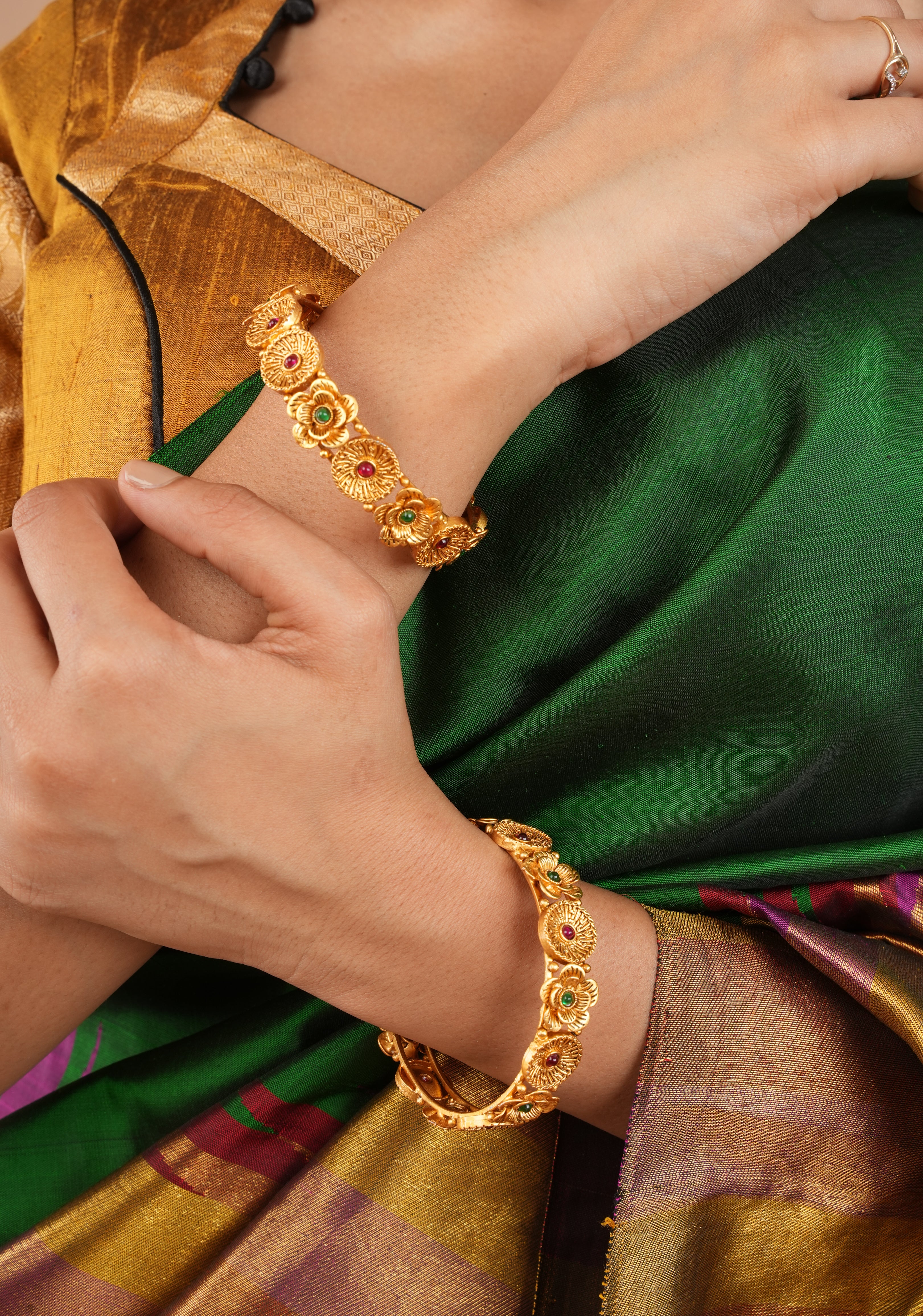 Bangles -  Antique Gold Floral Design red and green stone Bangles - 1 pair