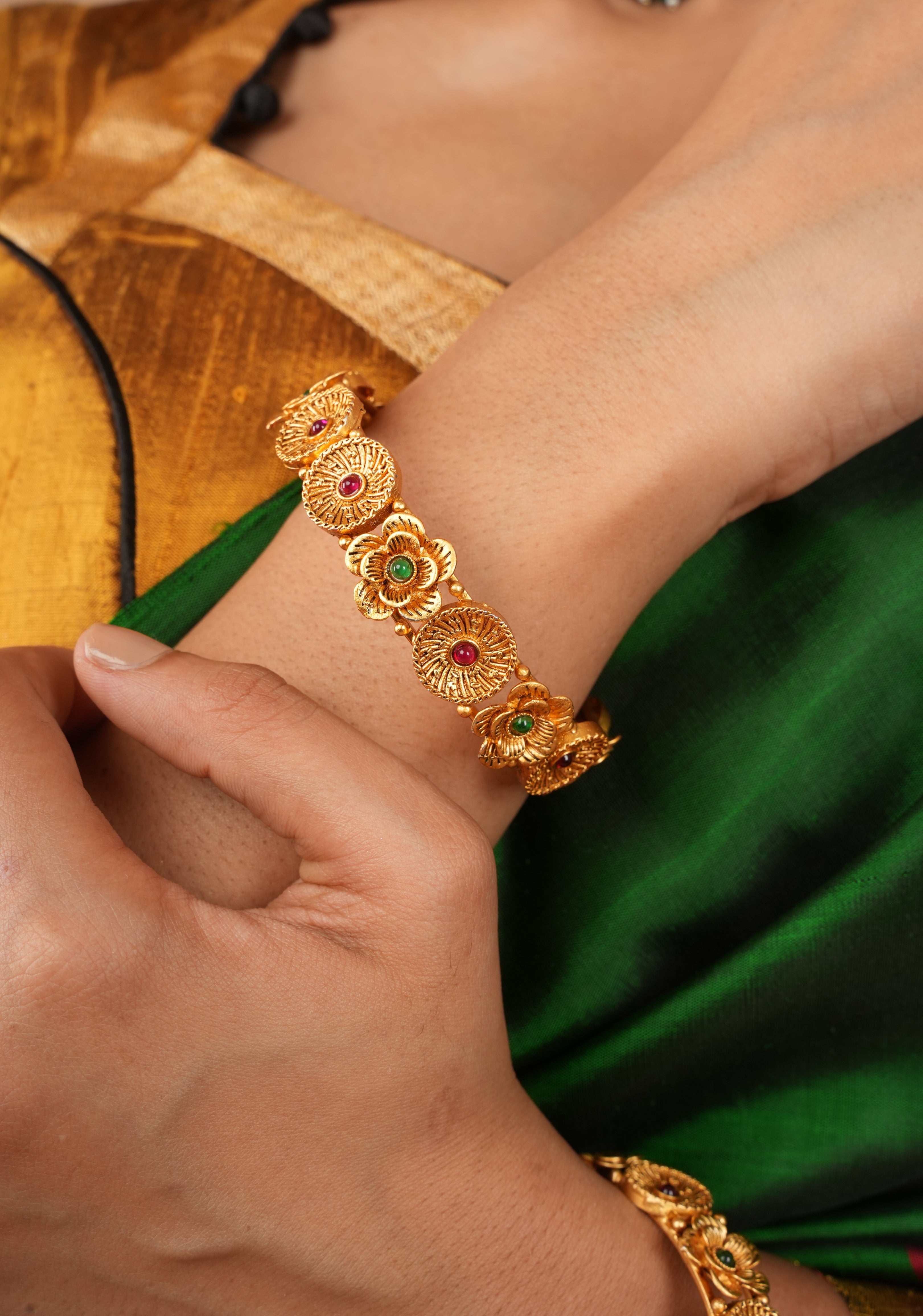 Bangles -  Antique Gold Floral Design red and green stone Bangles - 1 pair