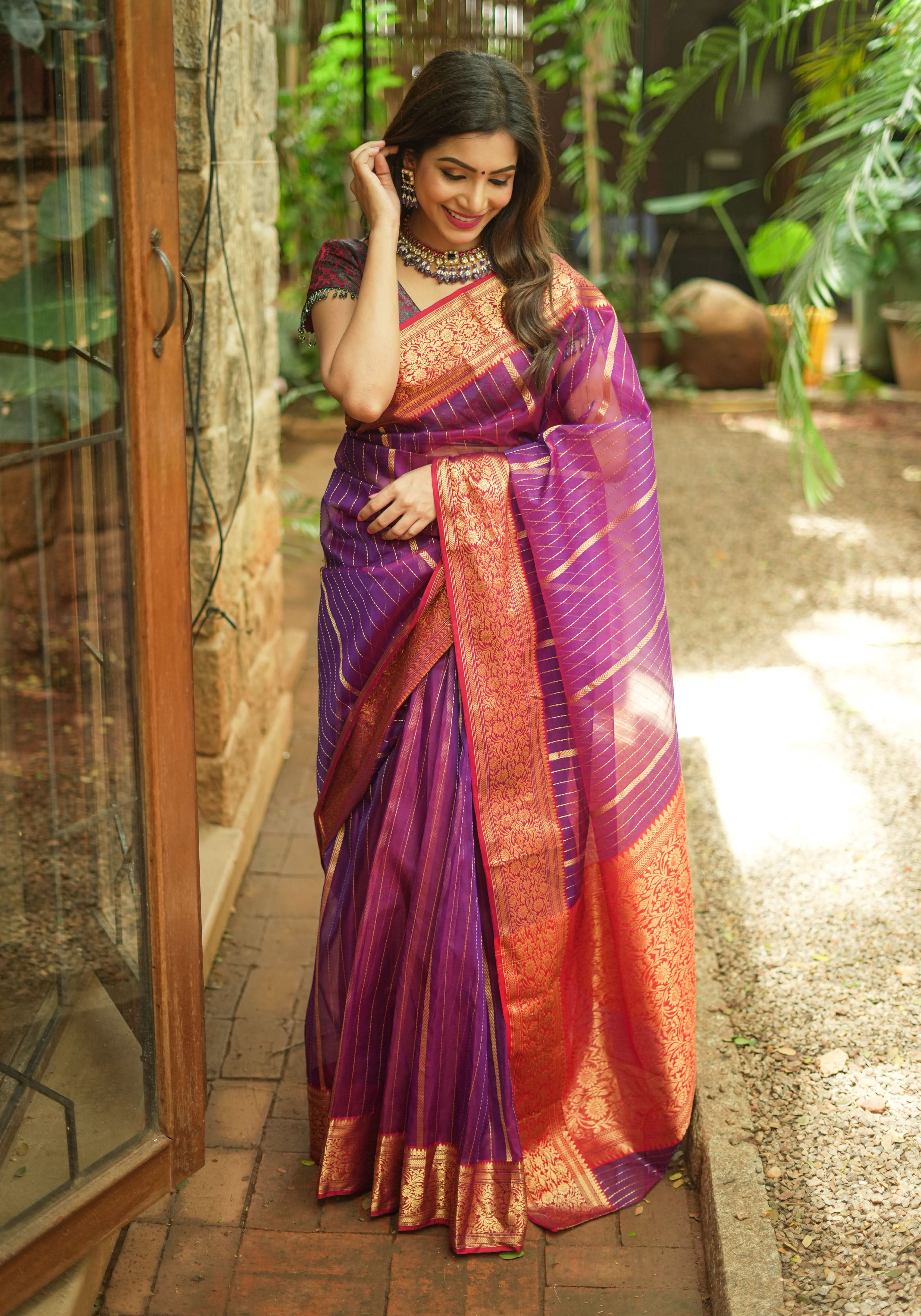 Stunning Striped Chanderi Silk Saree in Purple Maroon Dual Tone with Contrast Red Border and Zari