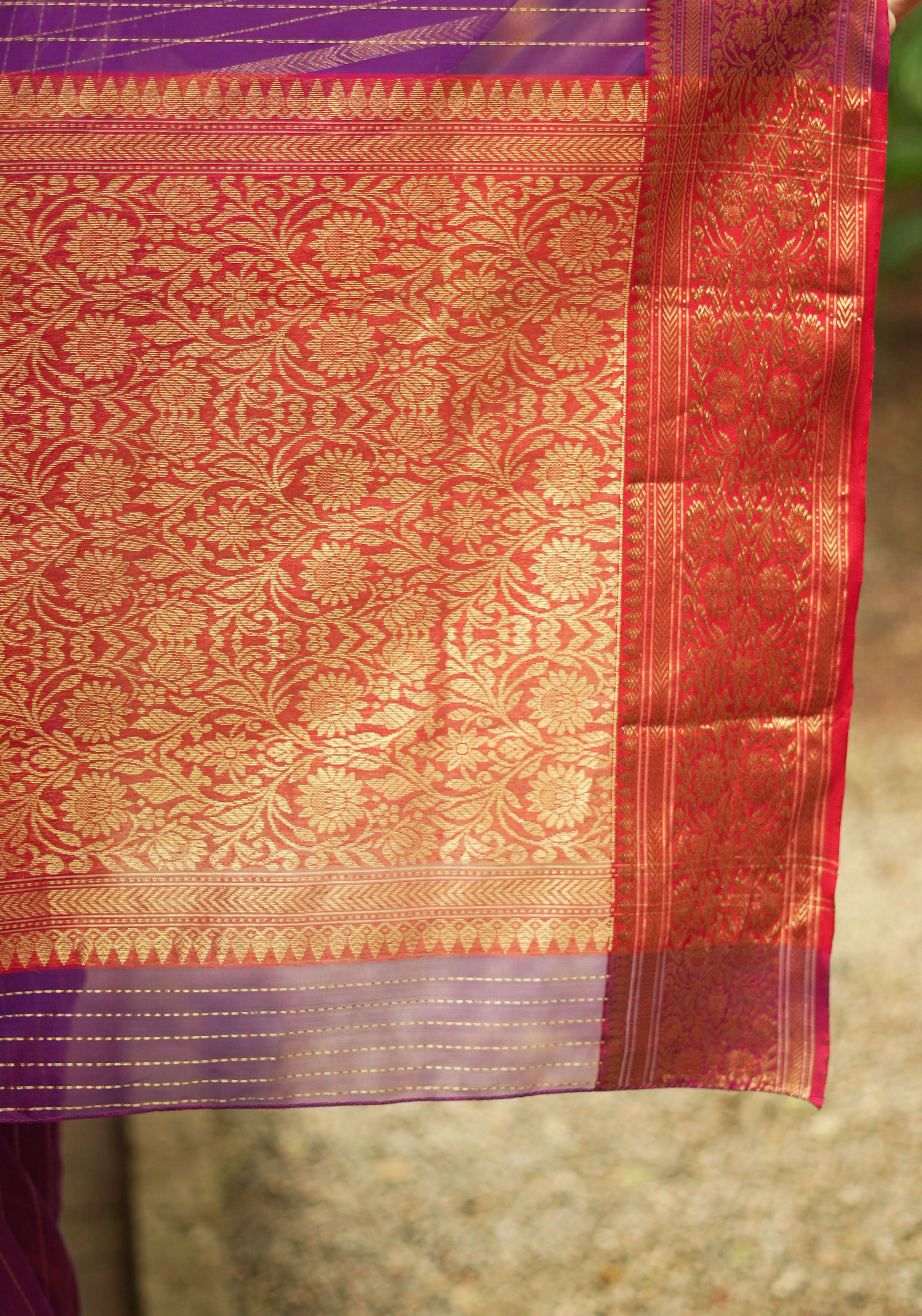 Stunning Striped Chanderi Silk Saree in Purple Maroon Dual Tone with Contrast Red Border and Zari