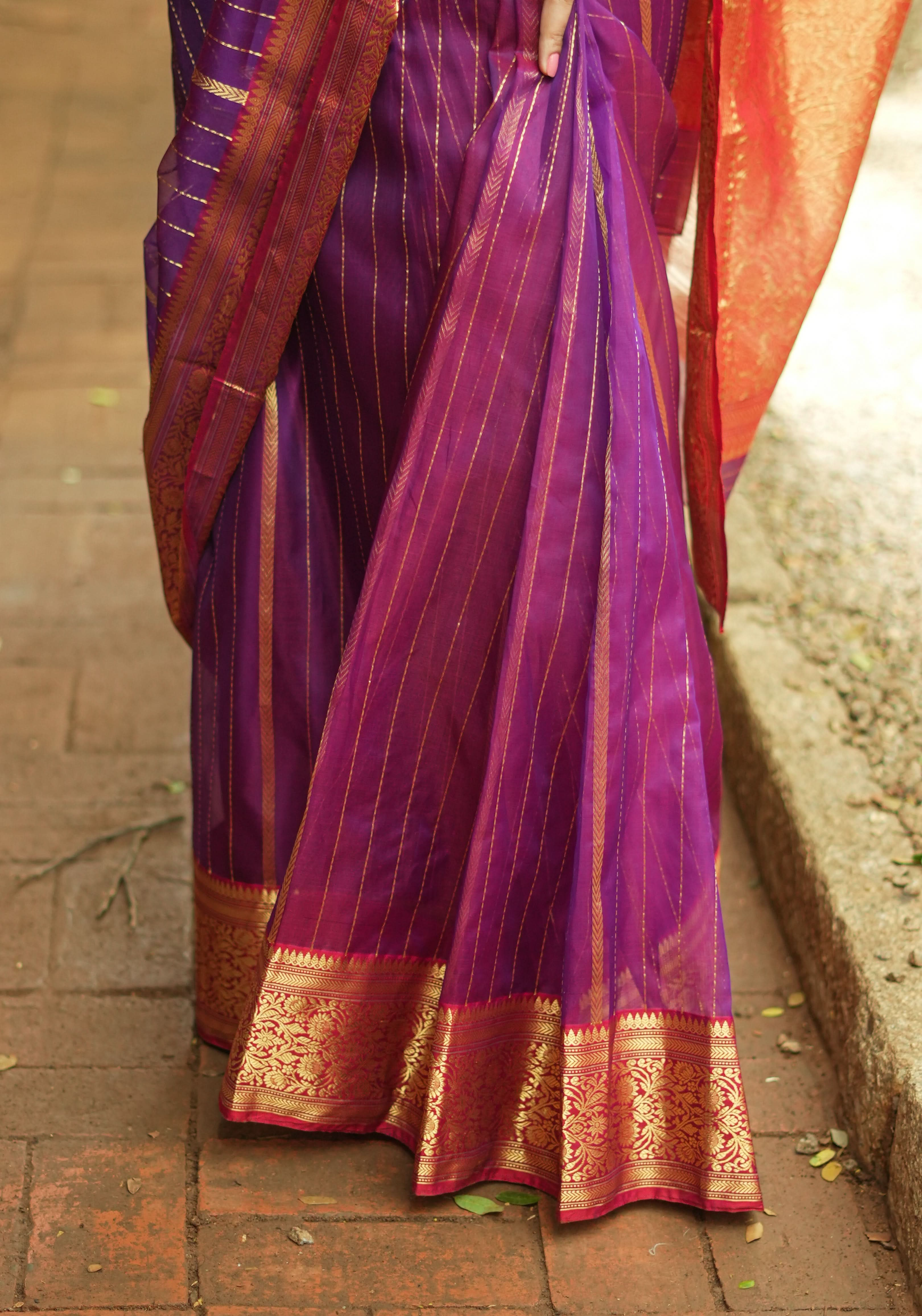 Stunning Striped Chanderi Silk Saree in Purple Maroon Dual Tone with Contrast Red Border and Zari