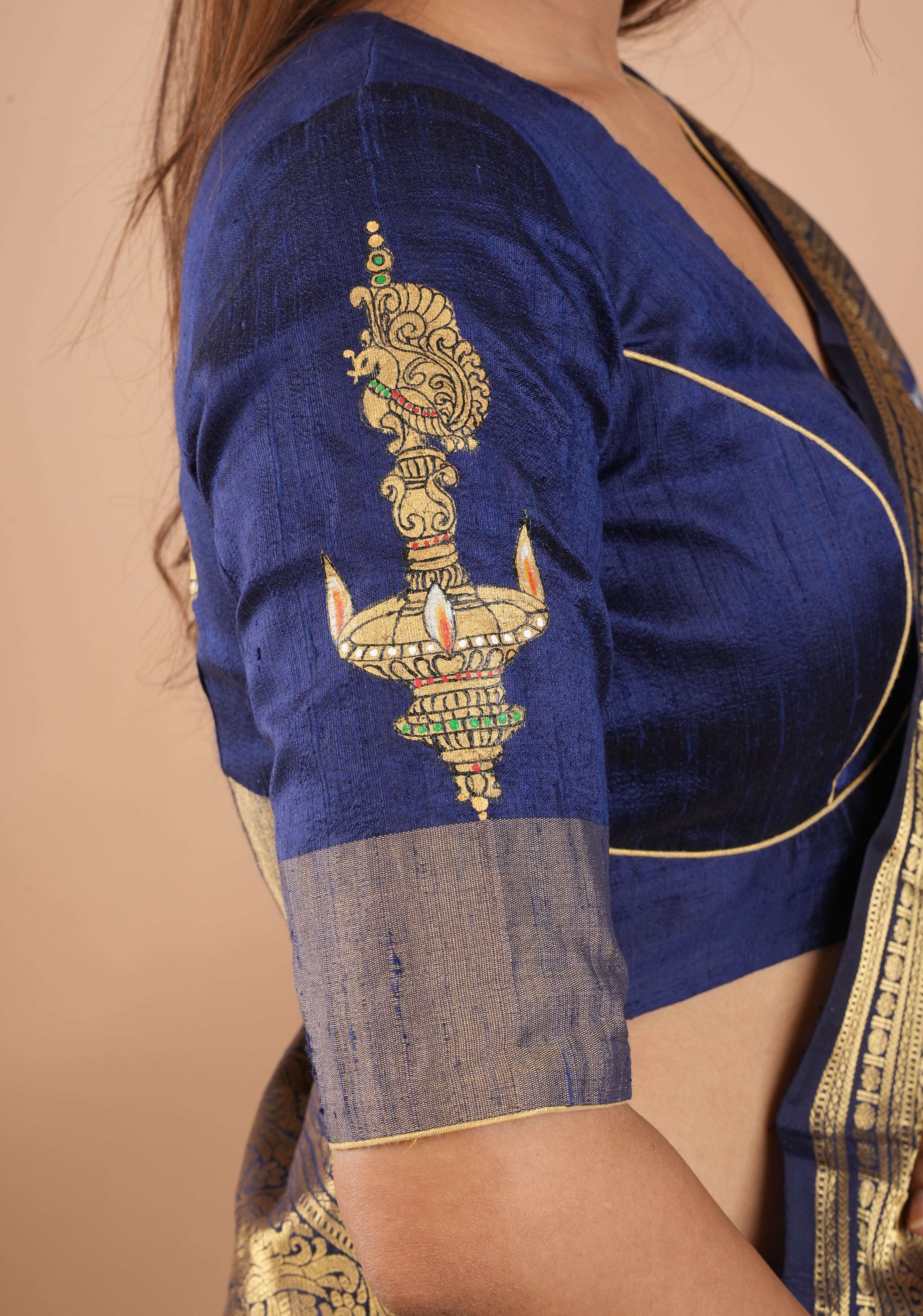 Lamp Handpainting on pure Raw Silk  Navy Blue Blouse with Tissue Borders and Potli detailing, Customizable, made to order