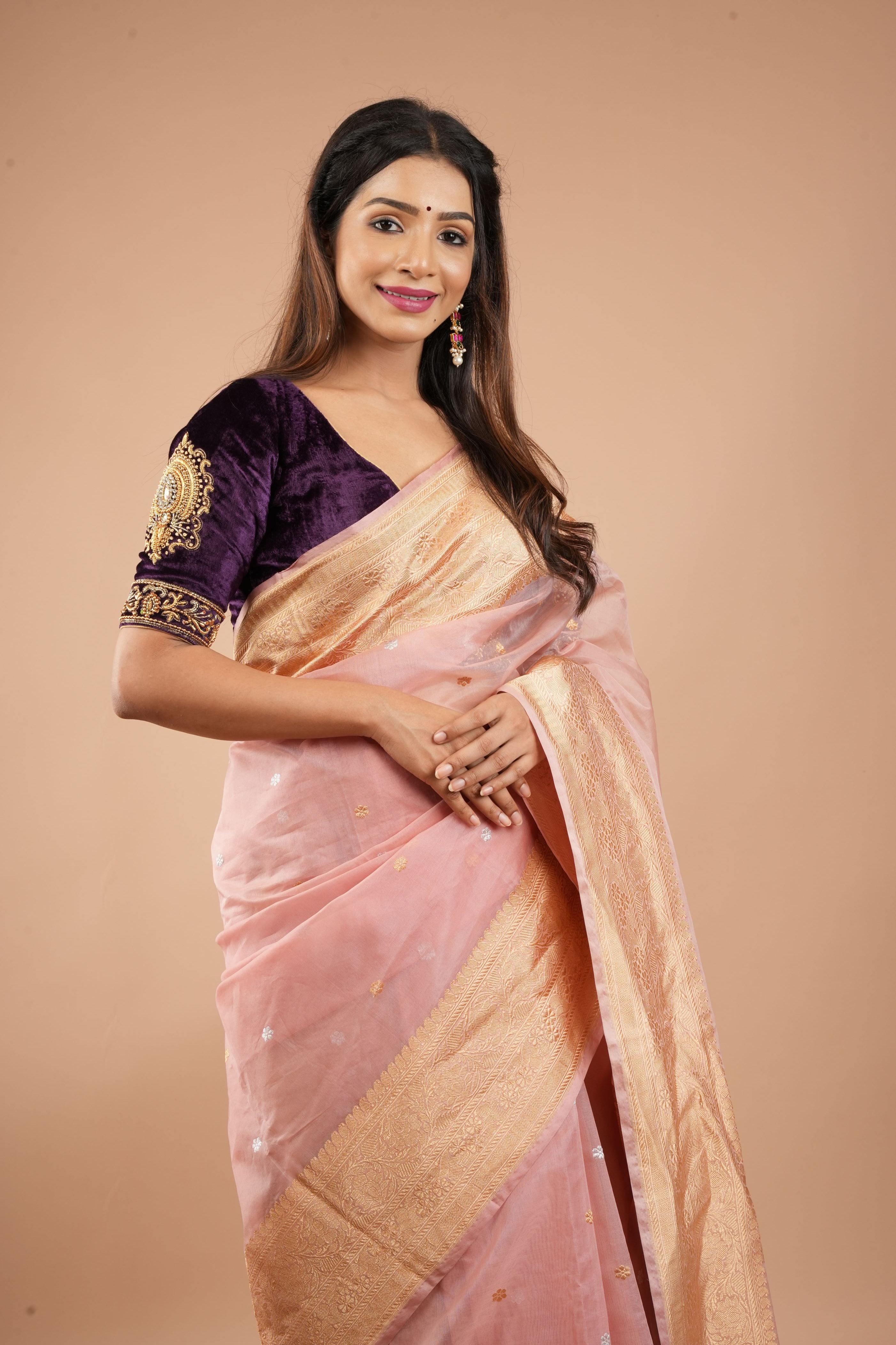 Dusty Rose Pure Banarasi Kora Silk Saree with Chunri Buttas and Paisley Grand Pallu | SILK MARK CERTIFIED