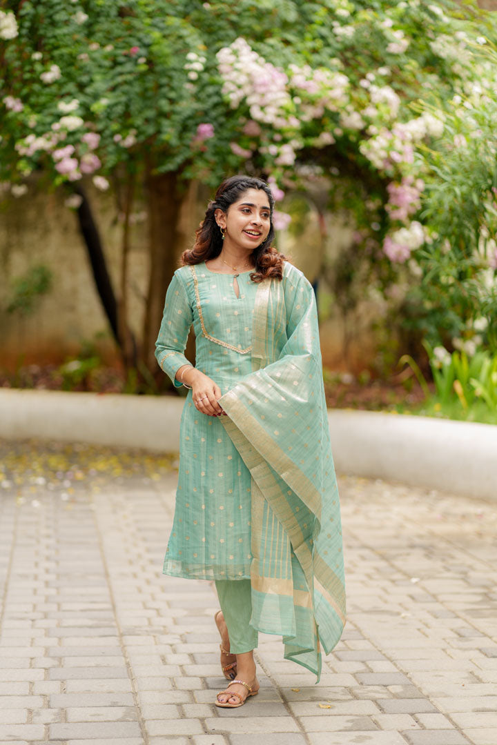 Pastel Blue Kurti, Pant, and Dupatta 3-Piece Set | Made To Order