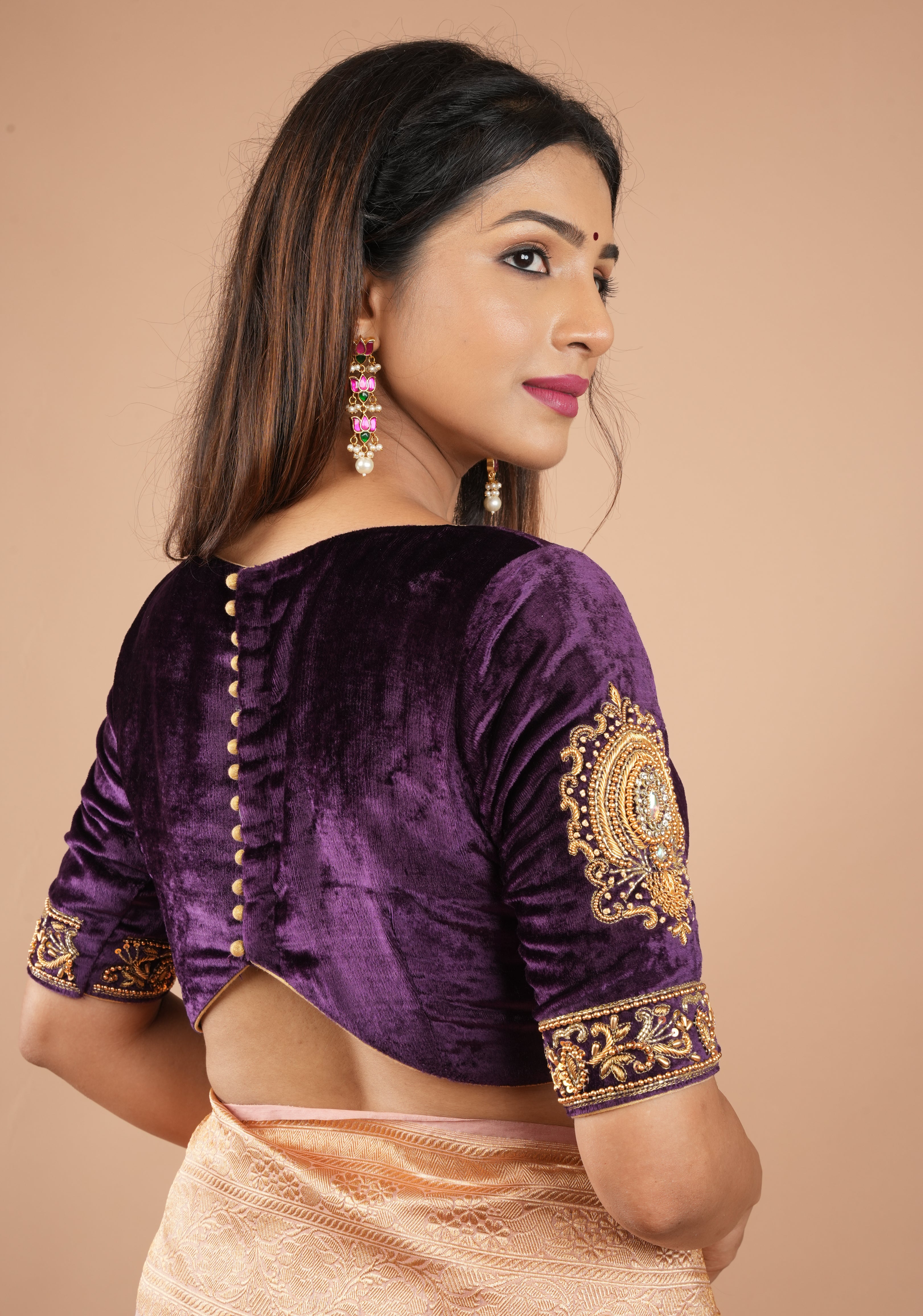 Purple Velvet Blouse with Stone and Zardosi detailing on sleeves and waist front, Customizable, Made to Order