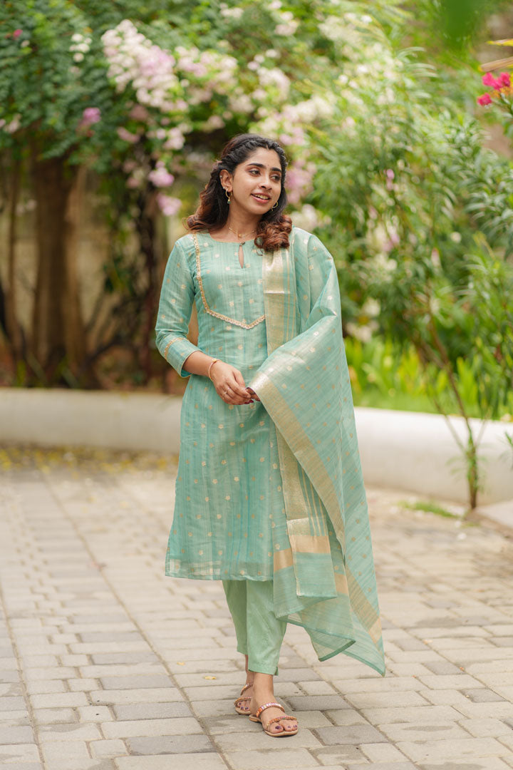 Pastel Blue Kurti, Pant, and Dupatta 3-Piece Set | Made To Order