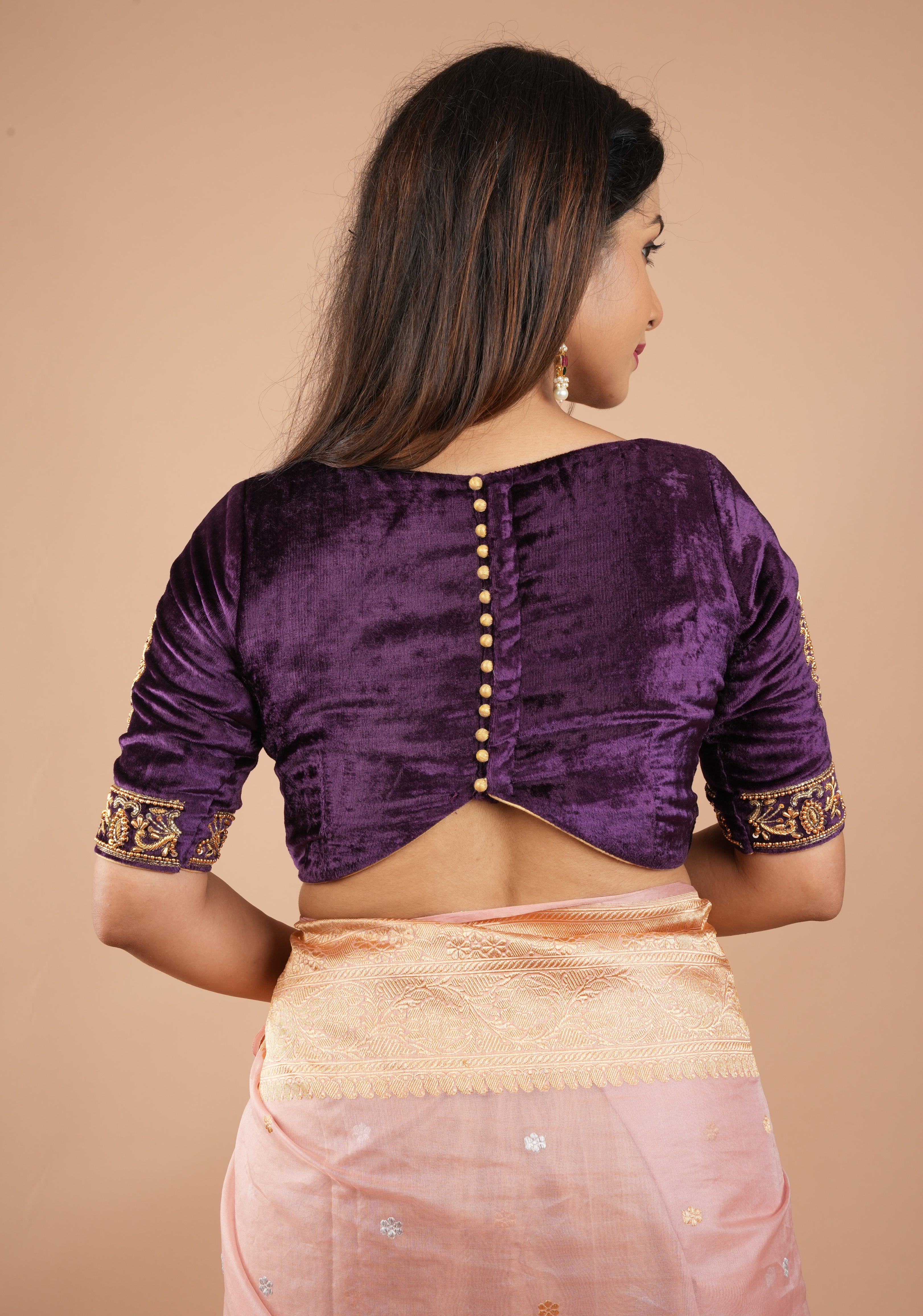 Purple Velvet Blouse with Stone and Zardosi detailing on sleeves and waist front, Customizable, Made to Order