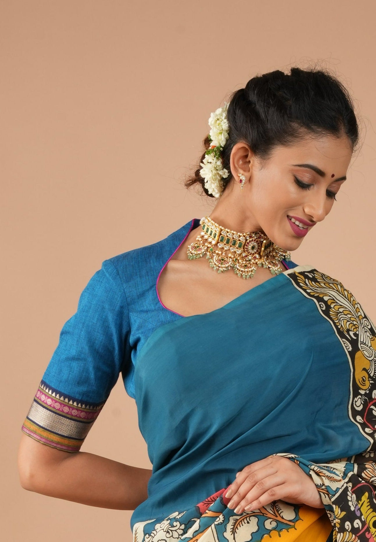 Copper Sulphate Blue Mangalagiri Cotton Blouse with Matka Neck and Cutout Detailing, Customizible,Made to order