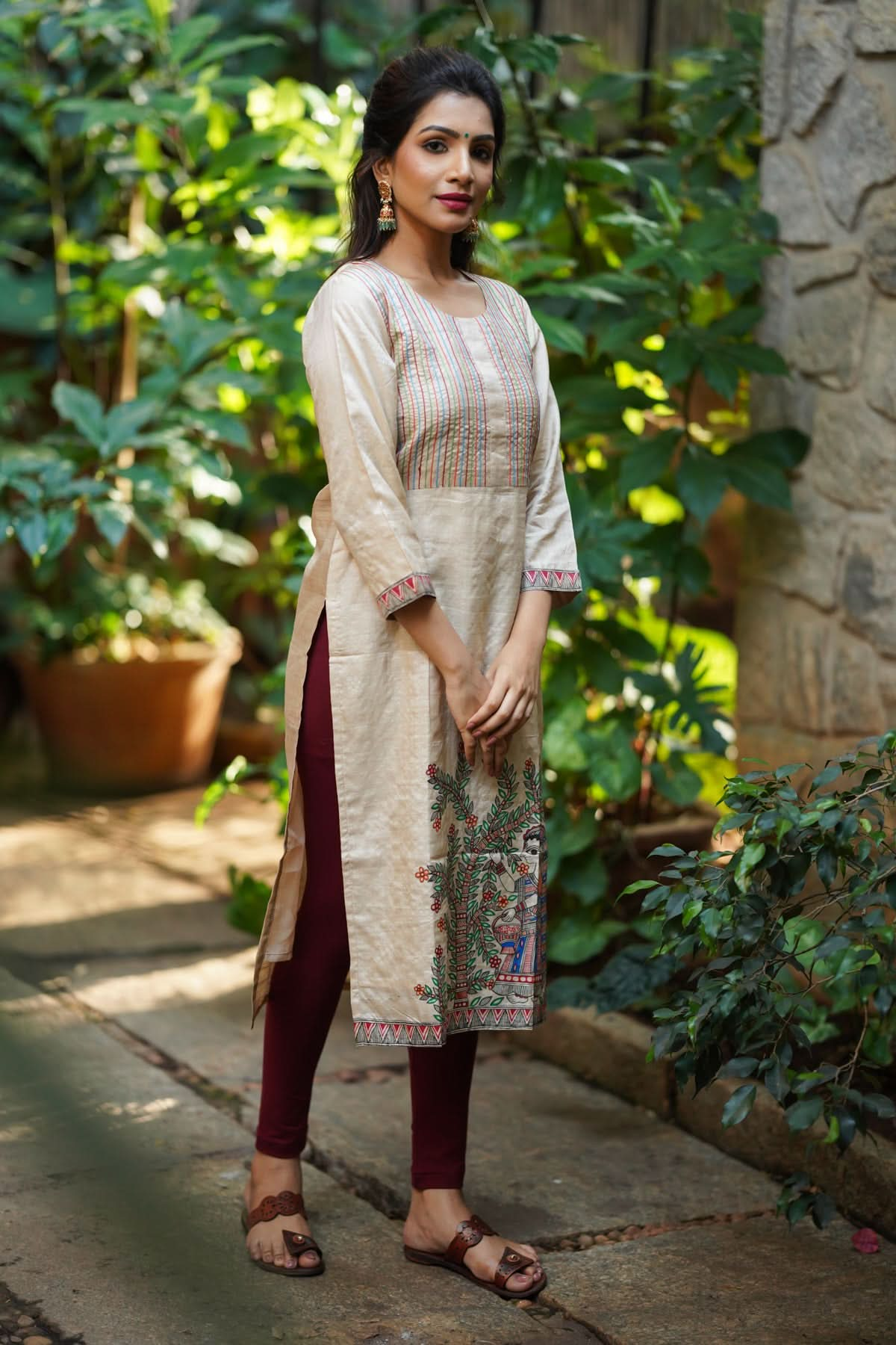 Pure Kosa Tussar Kurti with Madhubani Art and Embroidery  with Maroon Leggings 2 piece set | Made To Order