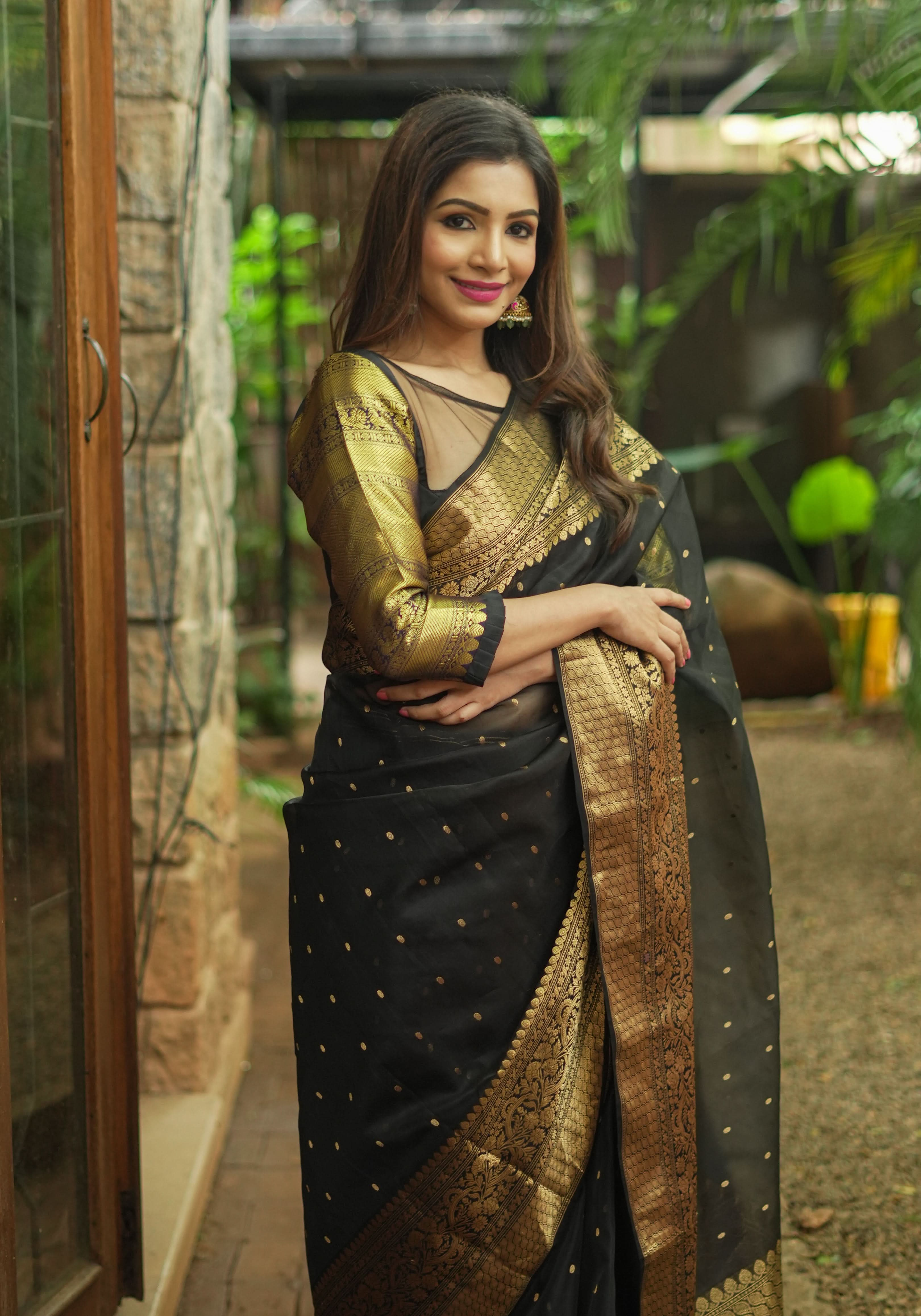 Chanderi Silk Saree in Black with Zari chunri Butis and wide zari border