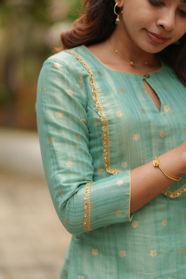 Pastel Blue Kurti, Pant, and Dupatta 3-Piece Set | Made To Order