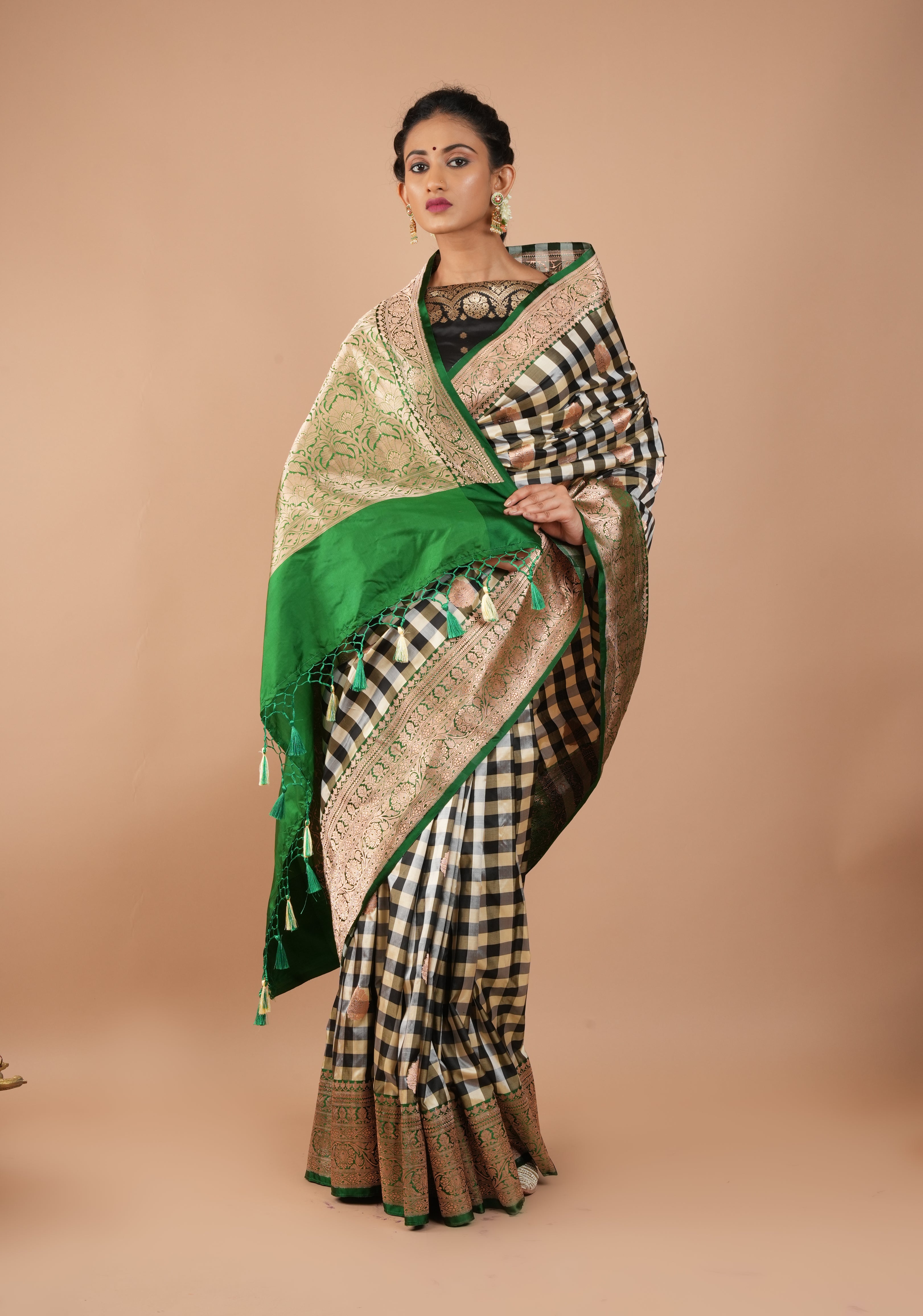 Pure Katan Silk Banarasi Saree in Black and Off White Checks with Zari Motifs and Contrasting Green Borders | SILK MARK CERTIFIED