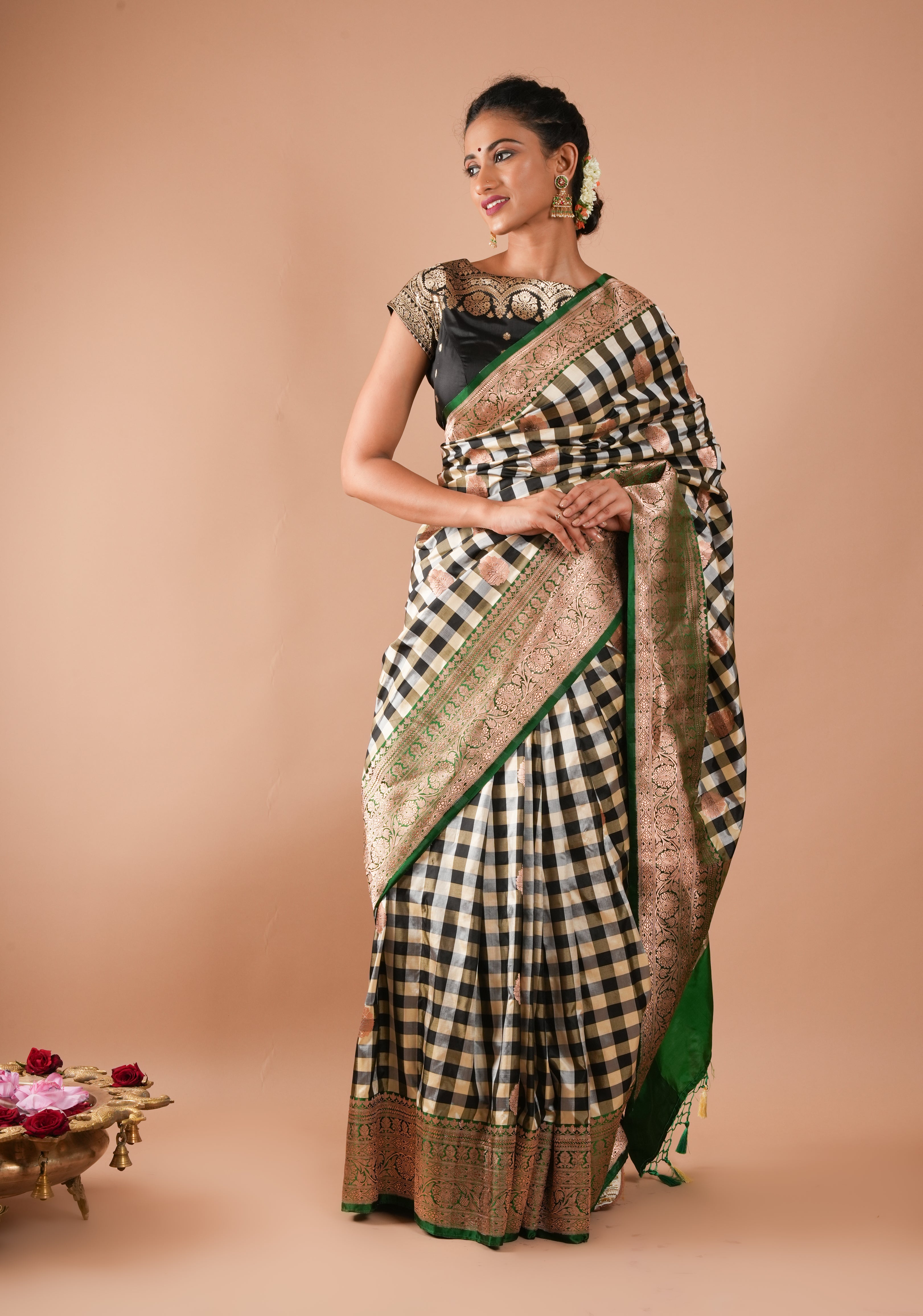 Pure Katan Silk Banarasi Saree in Black and Off White Checks with Zari Motifs and Contrasting Green Borders | SILK MARK CERTIFIED