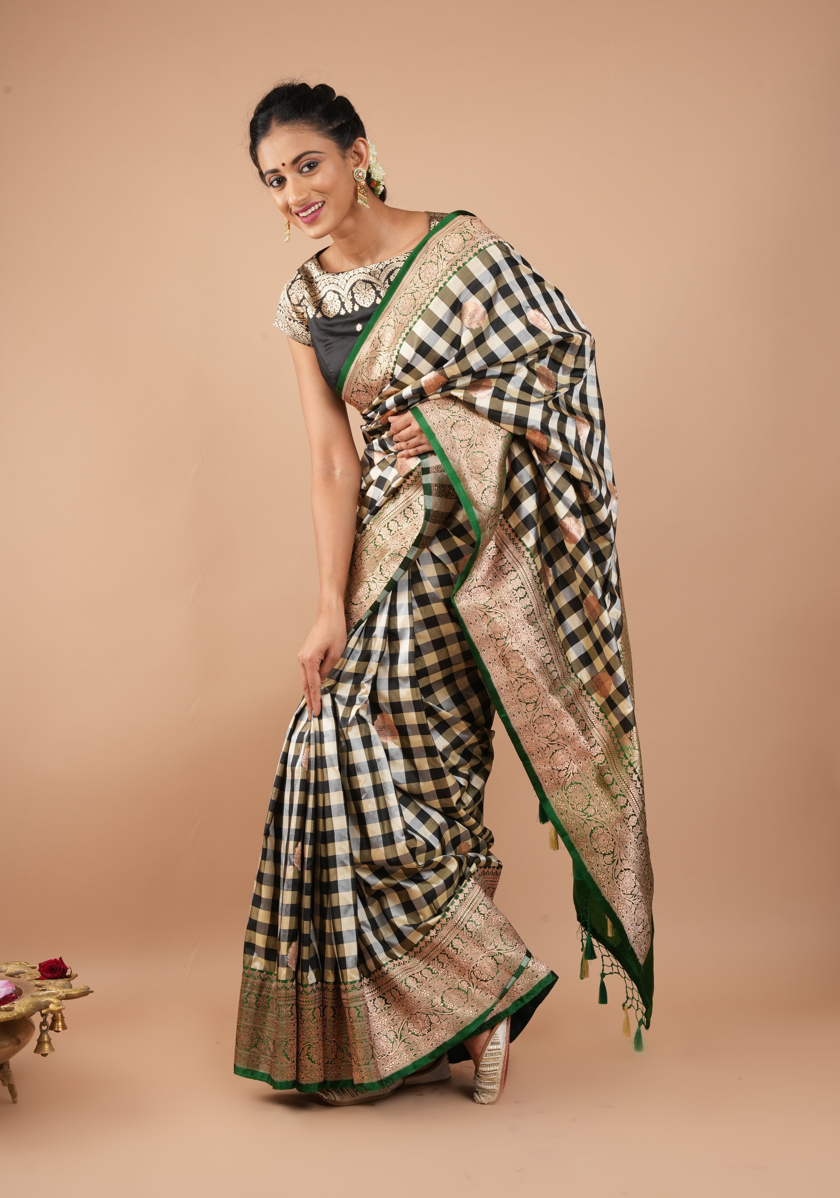 Pure Katan Silk Banarasi Saree in Black and Off White Checks with Zari Motifs and Contrasting Green Borders | SILK MARK CERTIFIED