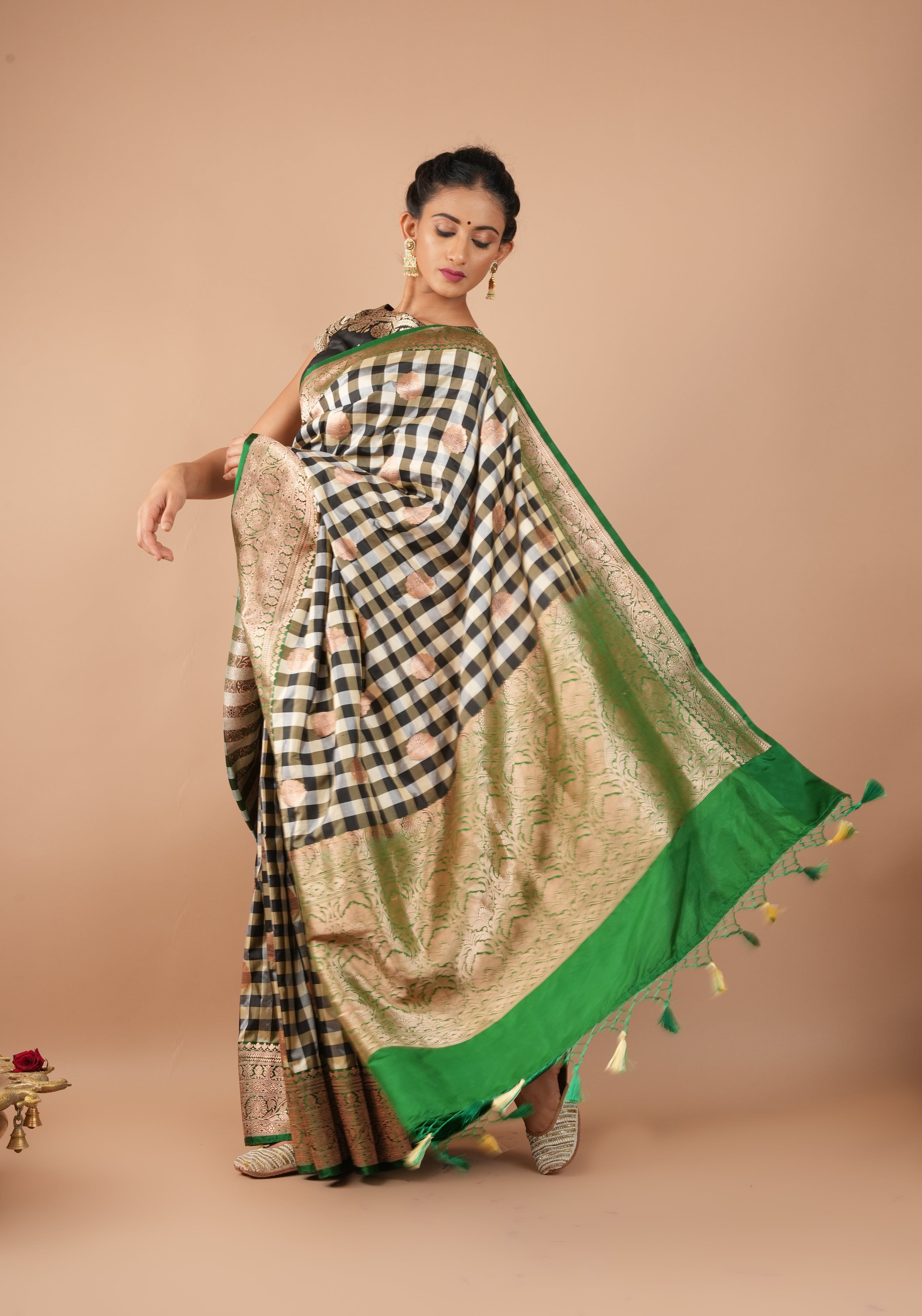 Pure Katan Silk Banarasi Saree in Black and Off White Checks with Zari Motifs and Contrasting Green Borders | SILK MARK CERTIFIED