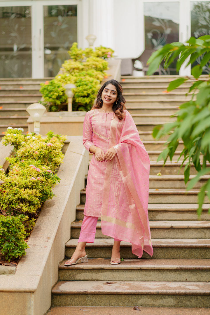 Pastel Pink Kurti, Pant, and Dupatta 3-Piece Set | Made To Order