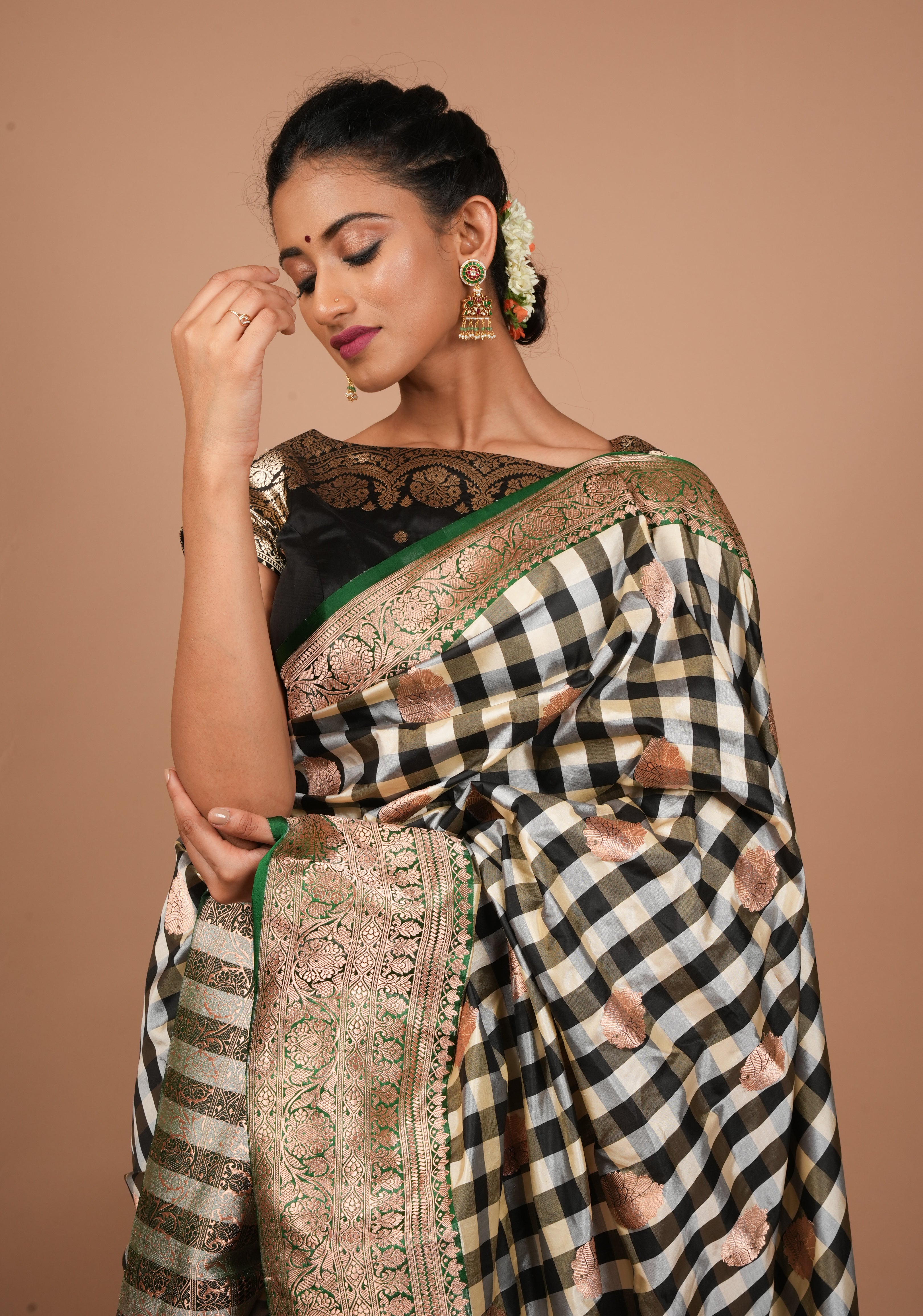 Pure Katan Silk Banarasi Saree in Black and Off White Checks with Zari Motifs and Contrasting Green Borders | SILK MARK CERTIFIED