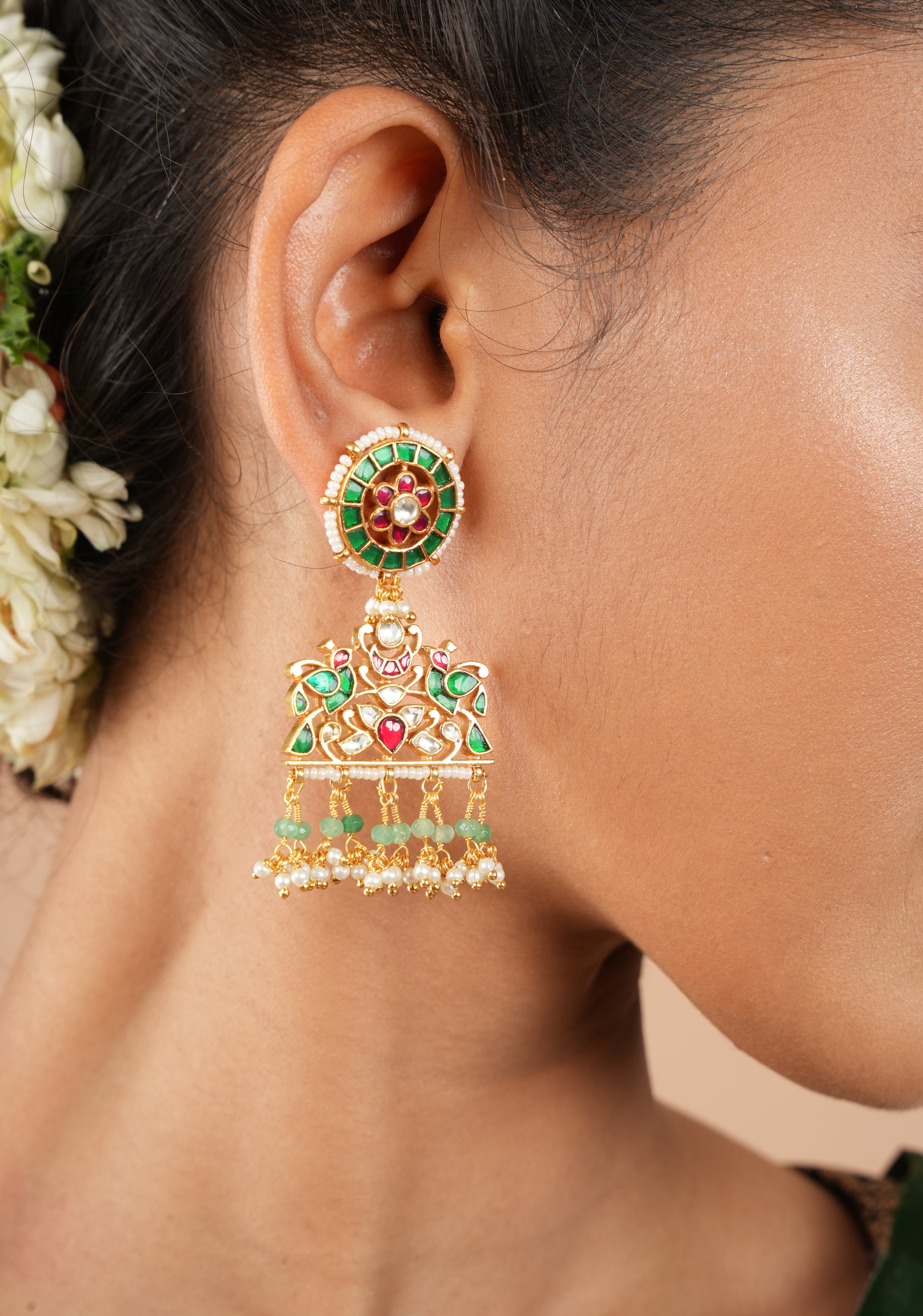 Ahmedabadi Kundan Peacock design jadau Earrings | Shobitam Jewelry