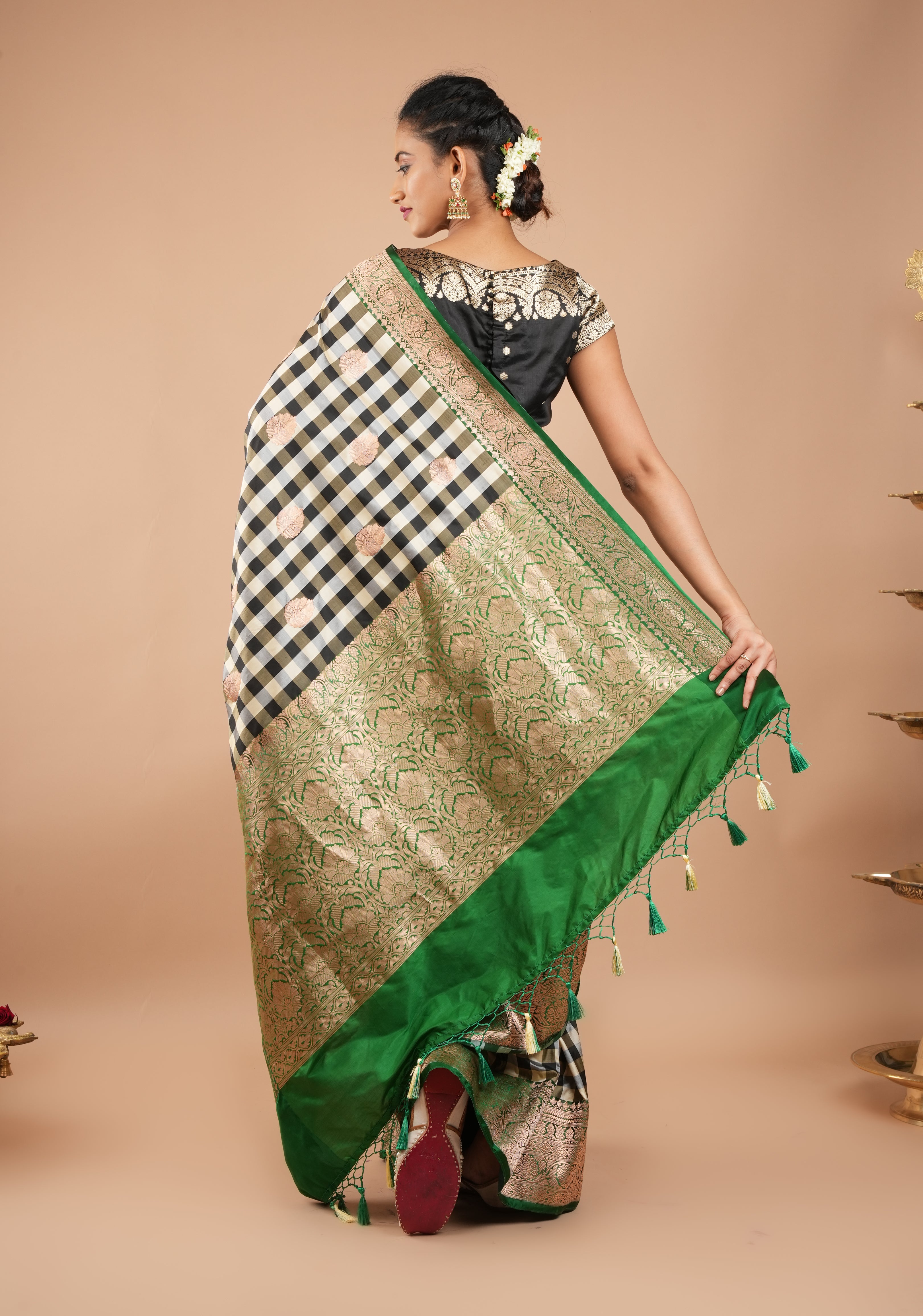 Pure Katan Silk Banarasi Saree in Black and Off White Checks with Zari Motifs and Contrasting Green Borders | SILK MARK CERTIFIED