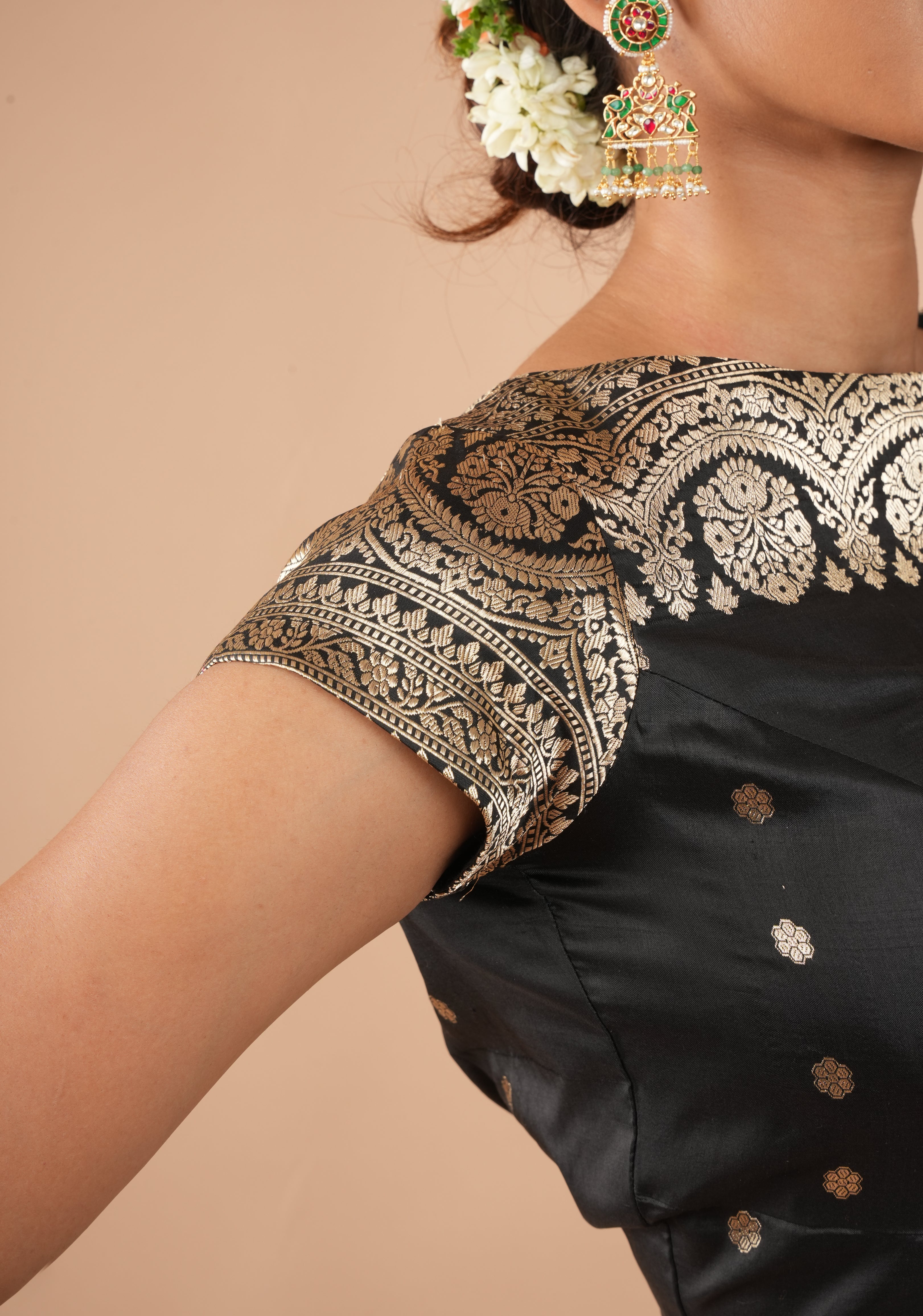 Pure Banarasi Black Silk blouse with Zari Yoke detailing, Customizable, Made to Order